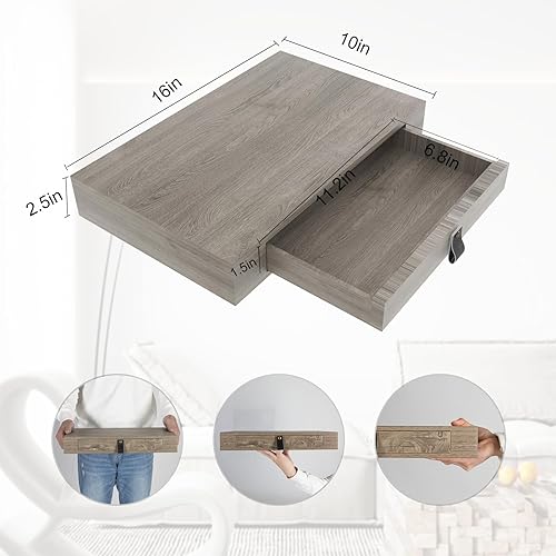 Miniatura 2 de Juego de 2 estantes flotantes con cajón, mesita de noche flotante para dormitorio, estante de pared de 16 pulgadas, estante flotante con