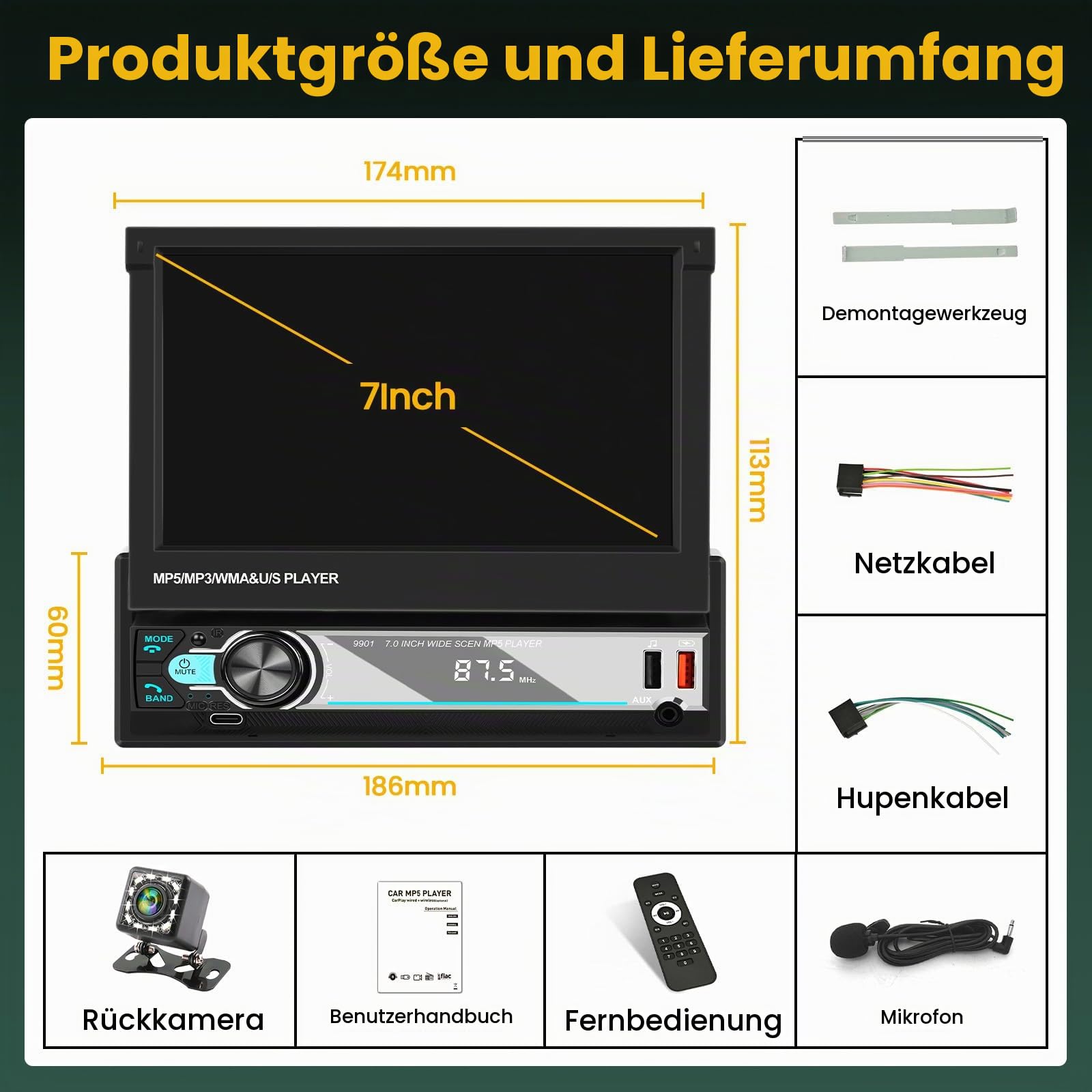 Hikity 1 Din Autoradio Wireless Carplay Andriod Auto 7 Zoll Manuelle Ausfahrbarem Bildchirm Auto Radio Touch Display Bluetooth Android Auto Mirror Link FM Radio USB SWC AUX Type-C Mic Rückfahrkamera