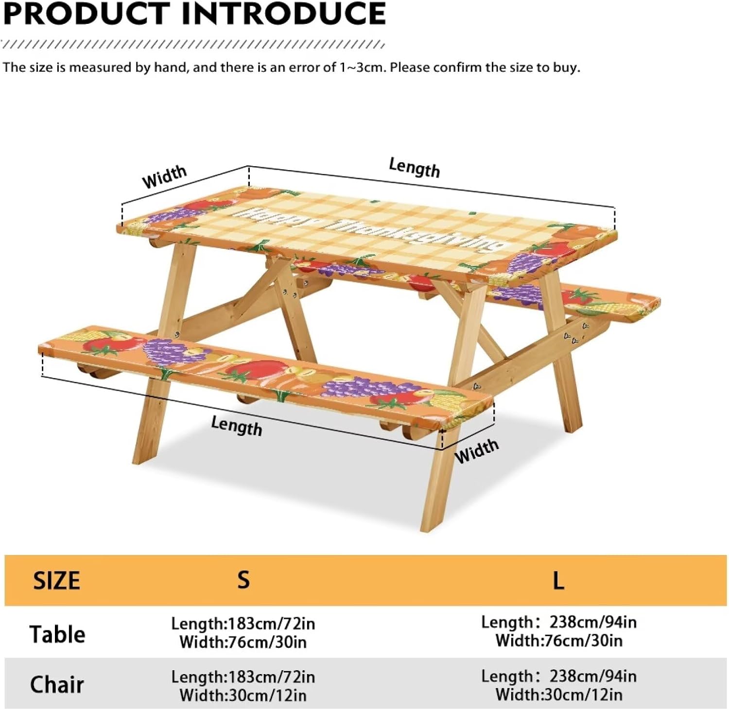 Watercolor-Style Fruits 3 Pcs Picnic Table and Bench Fitted Tablecloth Cover Picnic Table Cover with Elastic Edge Wrinkle Free Waterproof & Oil Proof Happy Thanksgiving 183x76cm