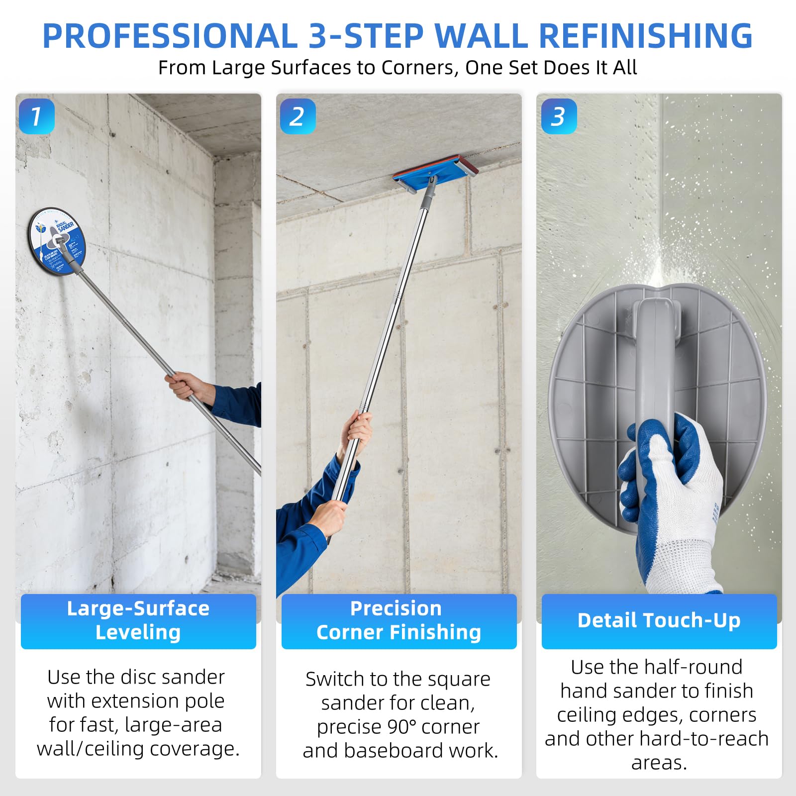 Kit de lijadora de poste de yeso con lijadora de detalles de mano, herramientas de lijadora de pared para preparación de pintura, lijado de esquinas y extracción de techo de palomitas de maíz