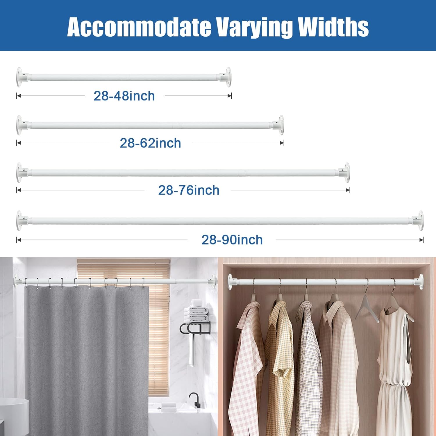 Adjustable Shower Curtain Rod, 28 to 76" Heavy Duty Shower Rod for Closet Rods, Doorway, Balcony and Laundry Room, Shower Curtain Pole White