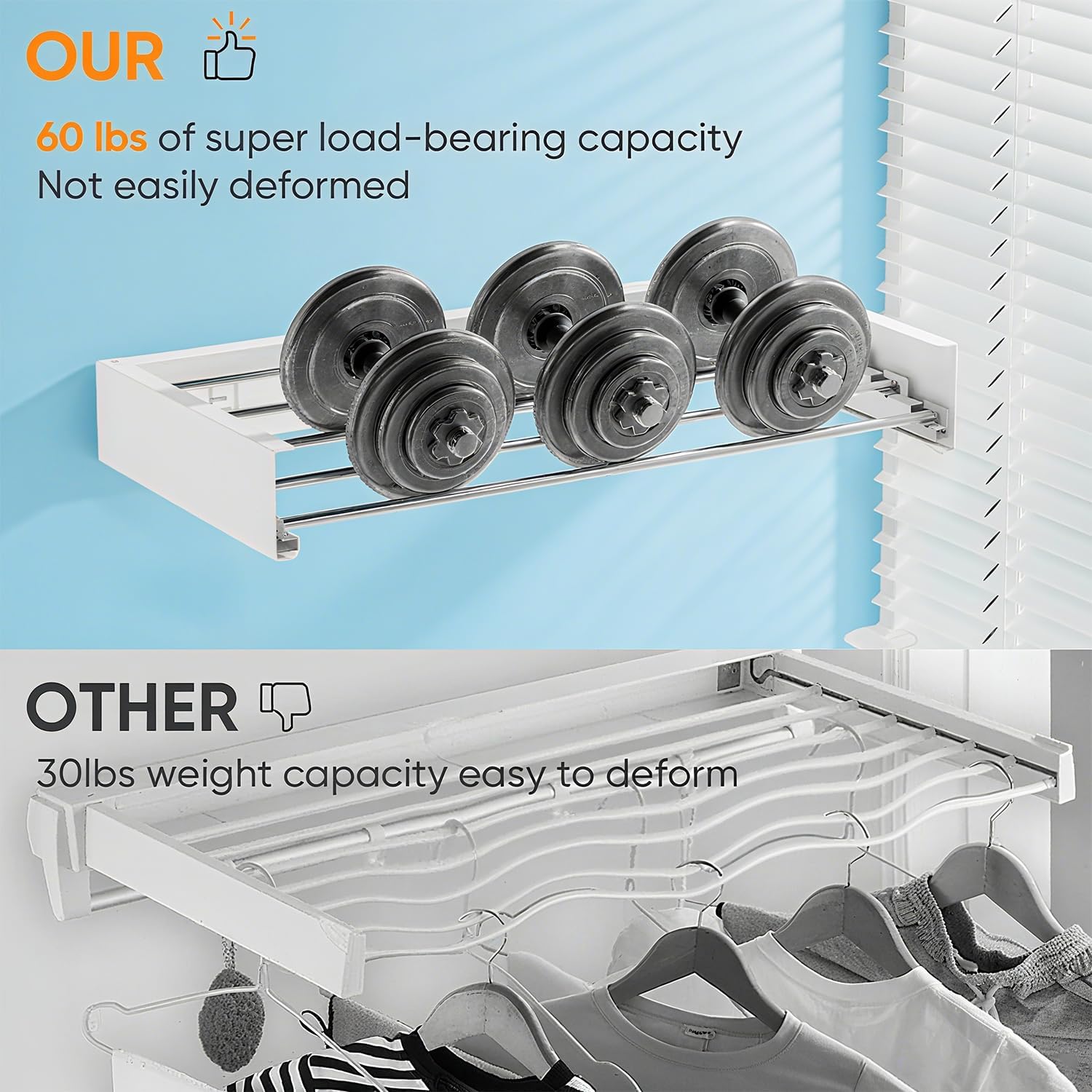 Wall Mounted Clothes Drying Rack, 5 Aluminum Rods, Collapsible, White, 32 inches (White, 32'')