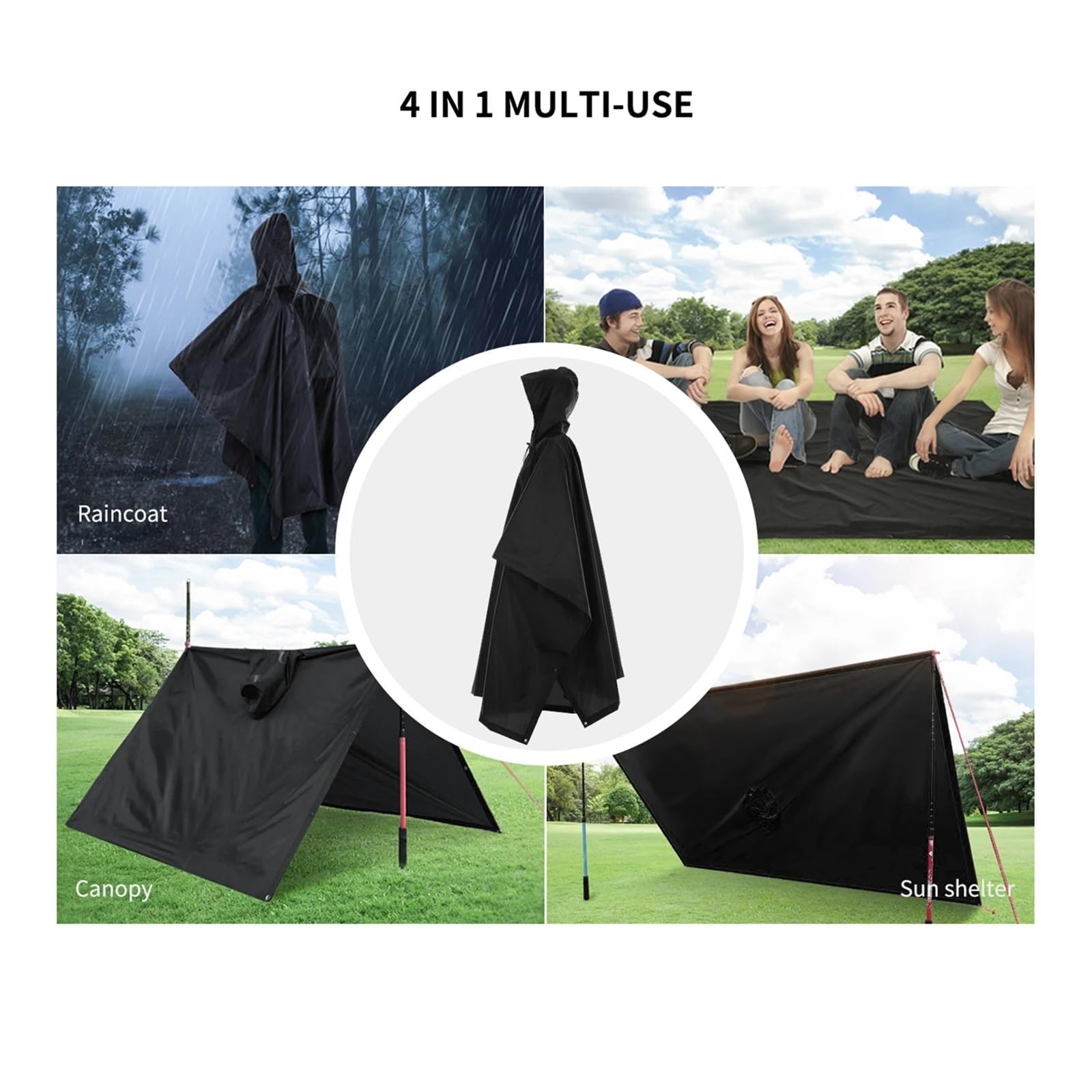 Poncho De Lluvia Poncho de Lluvia Impermeable 3 en 1, Abrigo Ligero con Capucha for la Lluvia, Estera de Picnic, Manta, Refugio Solar for Acampar al Aire Libre, Ciclismo y Escalada(Black)