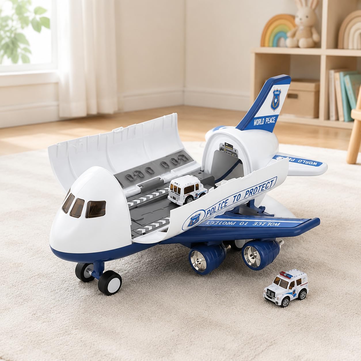 Avión jugue Grande, Recargable, con 4 coch de aleación y señal, Regalo para niños 4+ años, Avión de policía con 4 Coches