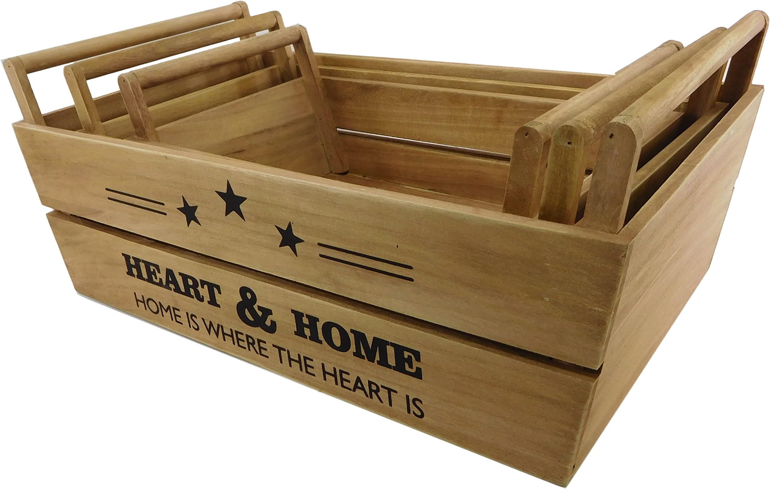 Feelings-Set Of 3 Wooden Crates with Handle | Rustic Wood Crates | Vintage Decorative Display | Nesting Crate Set for Storage |100% Wooden Boxes | Storage Crates 36x21x16/42.5x24x18/50x27x20cm