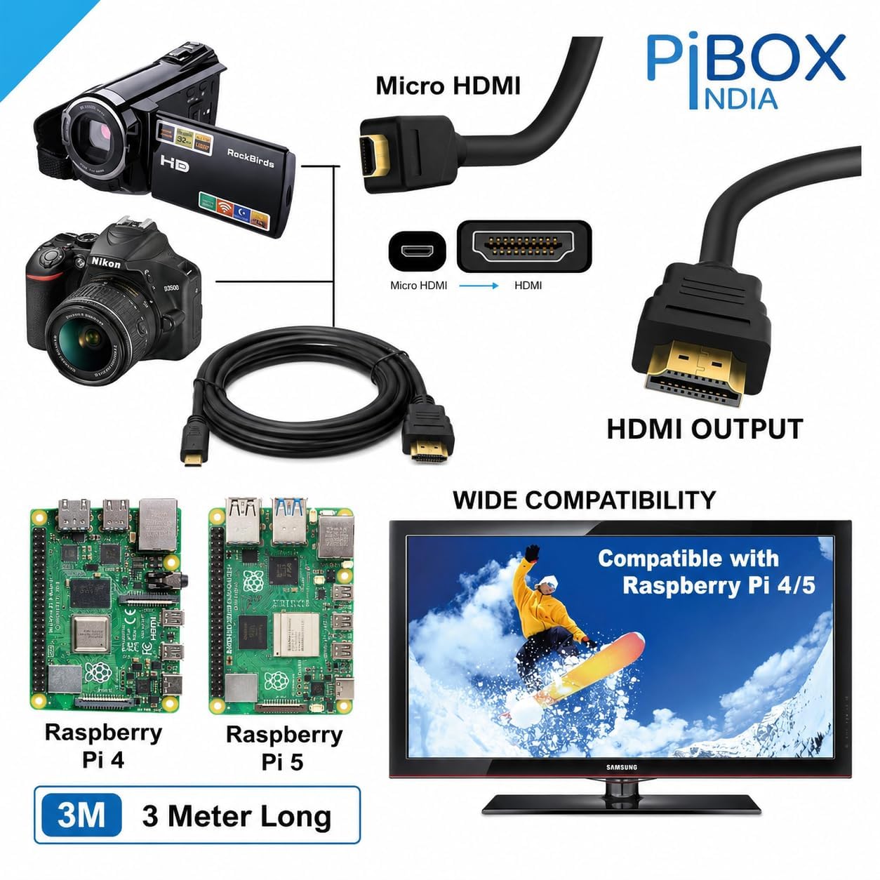 PiBOX India,Micro HDMI to HDMI Cable,4K 60Hz,1.5Mtr 5ft,Adapter Ethernet Audio Return Compatible for Raspberry Pi 4 RPI,Pi 400,GoPro Hero 7,Sony A6000 A6300 Camera,Nikon B500-NOT MINI DP/NOT MICRO USB — Amazon image 6