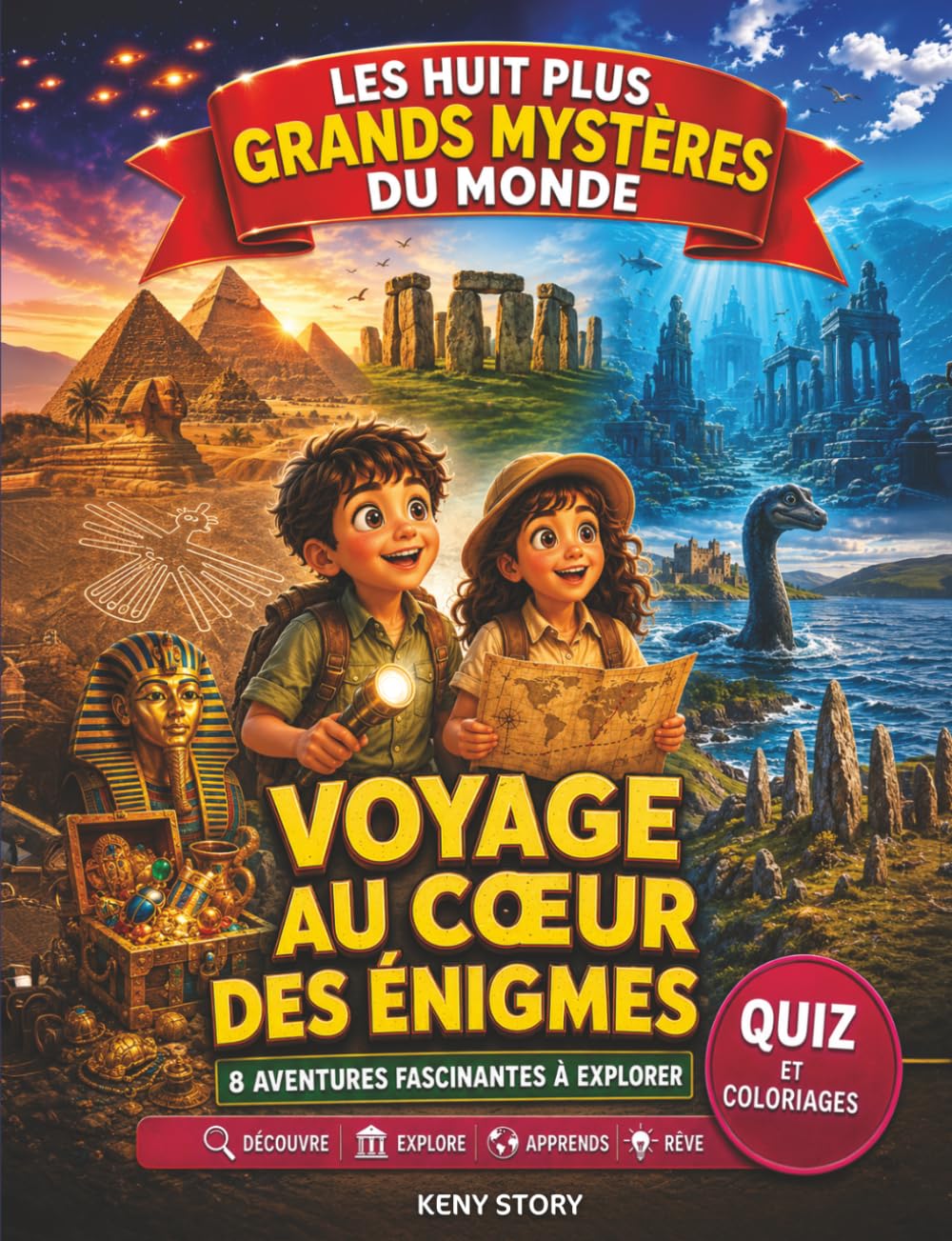 Les 8 plus grands mystères du monde: La vraie histoire derrière le mystère : pyramides d’Égypte, Stonehenge, Atlantide, lignes de Nazca, Loch Ness, ... perdues, quiz et coloriages pour enfants