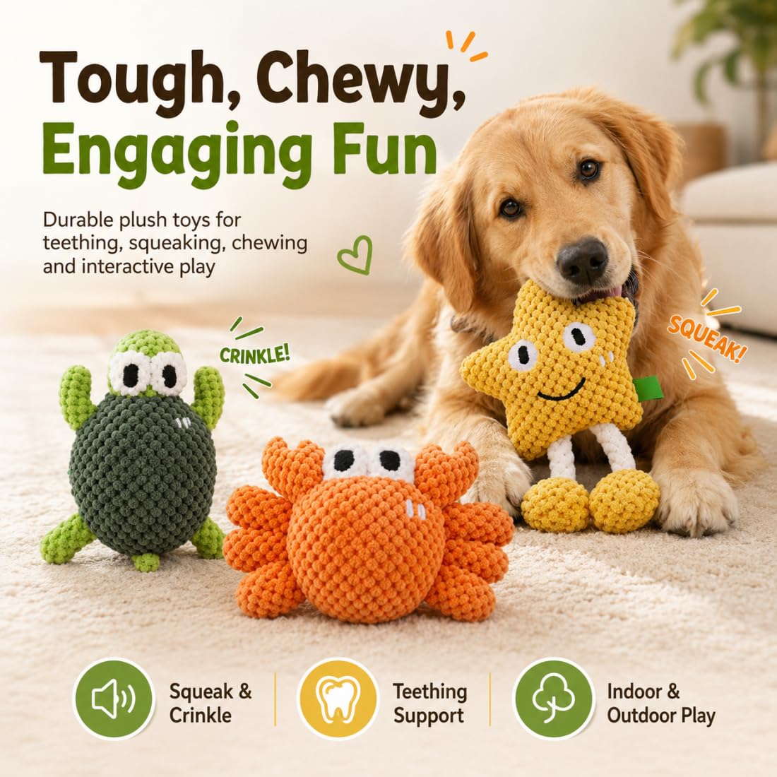 Juguete para Perros con Sonido, Peluche Crujiente para Cachorros y Perros Medianos/Grandes, Interactivo de Enriquecimiento, Algodón Resistente para Lanzar, Tirar y Jugar (Star+Crab)