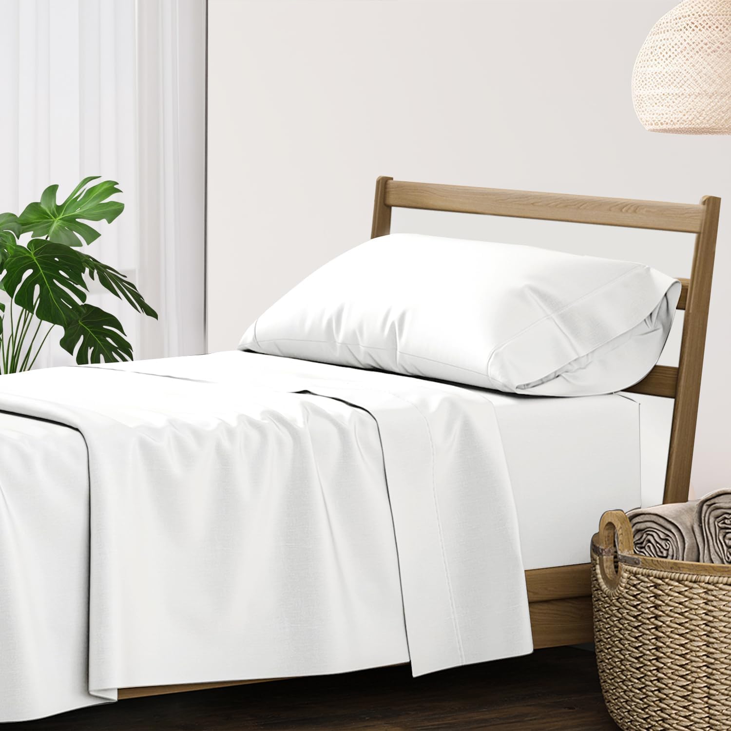 XOOX Linen 100% Cotton Twin XL Sheet Sets - 500 Thread Count Twin XL Sheets Cotton, Extra Soft, Sateen Weave, Cooling Deep Pocket Bed Sheet for Dorm Room, Luxury Hotel Quality Bedding (3 PC, White) Twin XL White