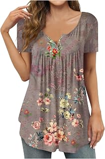 DASEIS Workout Tops for Women Casual Oversized Button V Neck Pullover Blouses Trendy Floral Print Short Sleeve Tunic Shirts Tunic Tops for Women UK