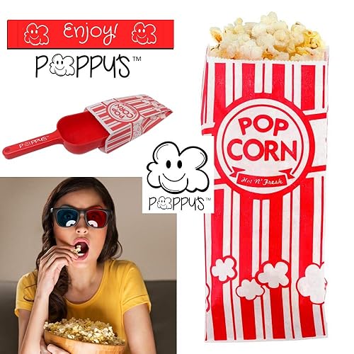 Miniatura 6 de Poppy's Paquete de 50 bolsas de plástico para palomitas de maíz, 50 bolsas y cuchara de plástico para palomitas de maíz, accesorios para máquinas de