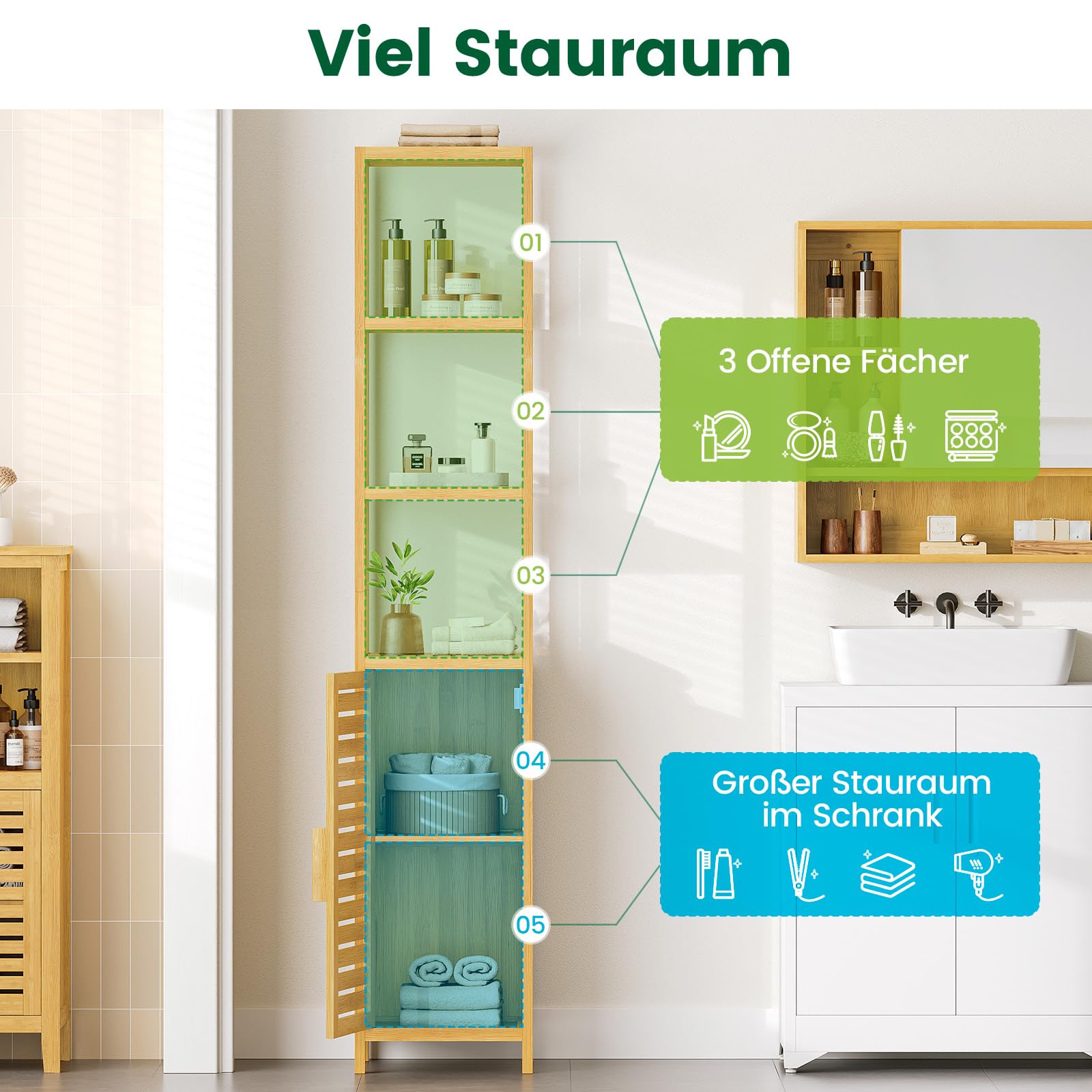 VIAGDO Hochschrank, Badezimmerschrank Bambus, Badschrank hoch mit 3 offene Fächern und Schrank, hoher Beistellschrank, Aufbewahrungsschrank, für Badezimmer, Flur, Küche, Wohnzimmer