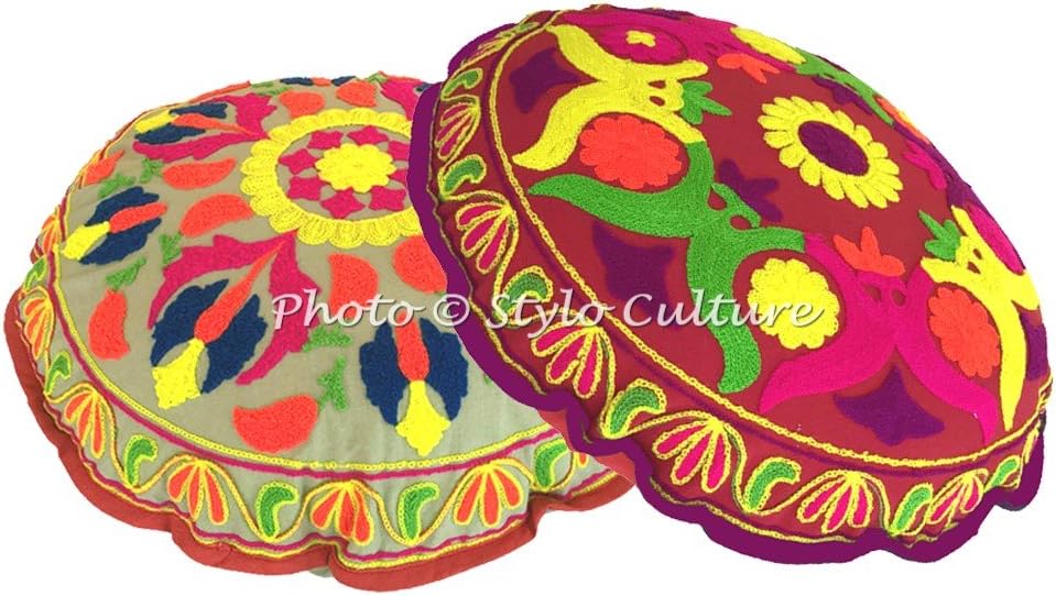 Indian Round Floor Cushion Traditional Sujani Embroidered Cover Colorful Small 18x18 Decorative Decor Seating Tuffet Seat Pouf Cover Footstool Cotton Floral Set of 2