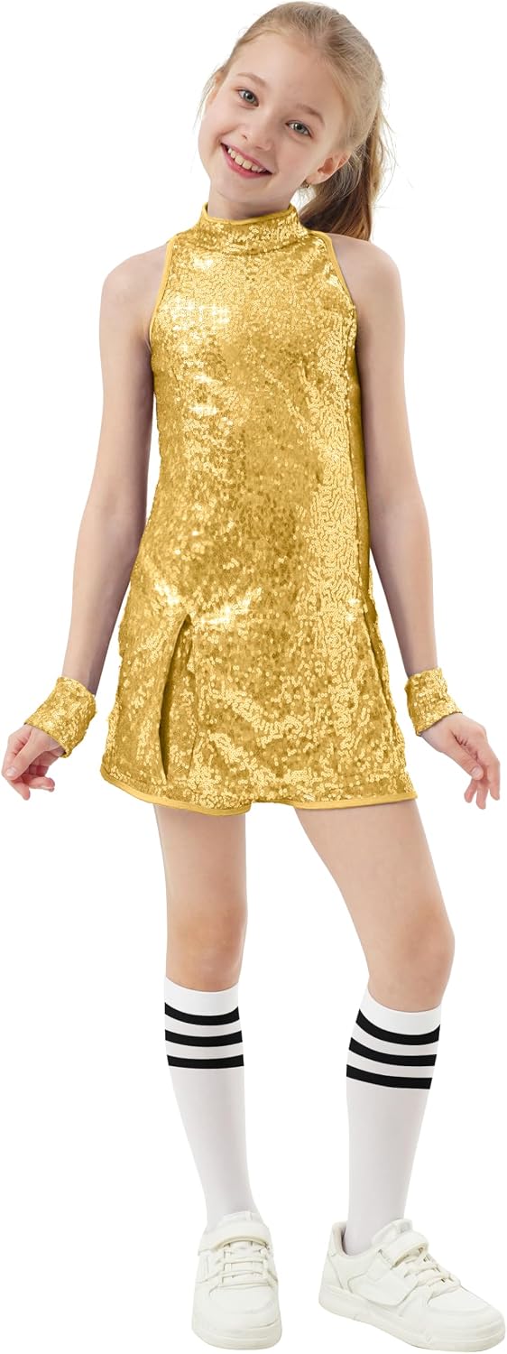 Girls Sequins Dance Outfit Dress Kids Sparkle Jazz Singer Star Costume Top Shorts 4PCS Set 3-14 Years
