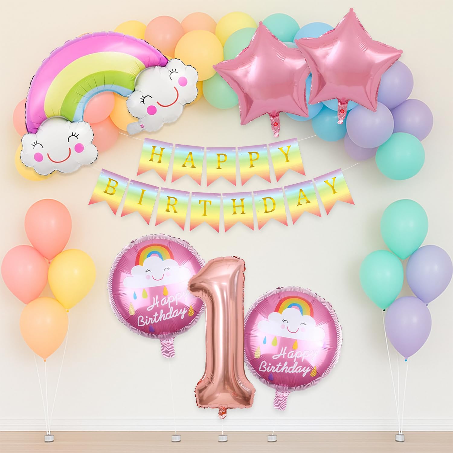 Rozi Decoration 1st Birthday Decoration Items – Set of 47 Pcs Rainbow Theme Birthday Decoration Items with 1 Number Balloons and Banner for First Bday-image-27