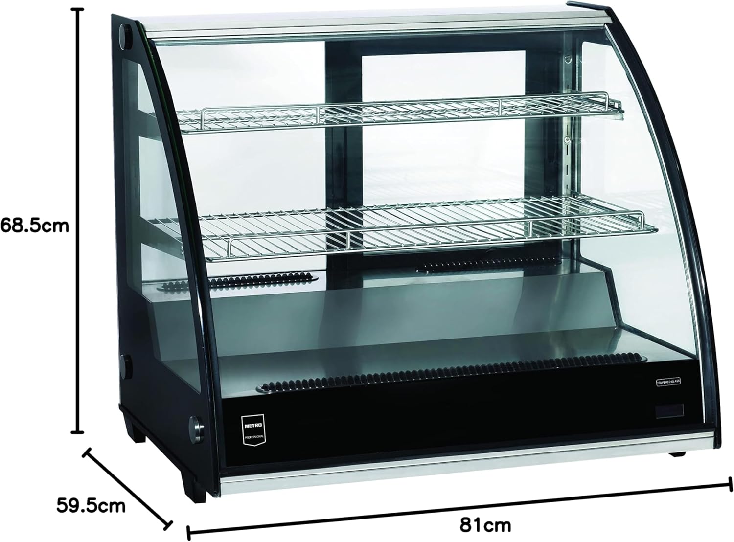 Diagram showing the dimensions of the METRO Professional GCV1600 refrigerated display case: 81 cm width, 59.5 cm depth, and 68.5 cm height.