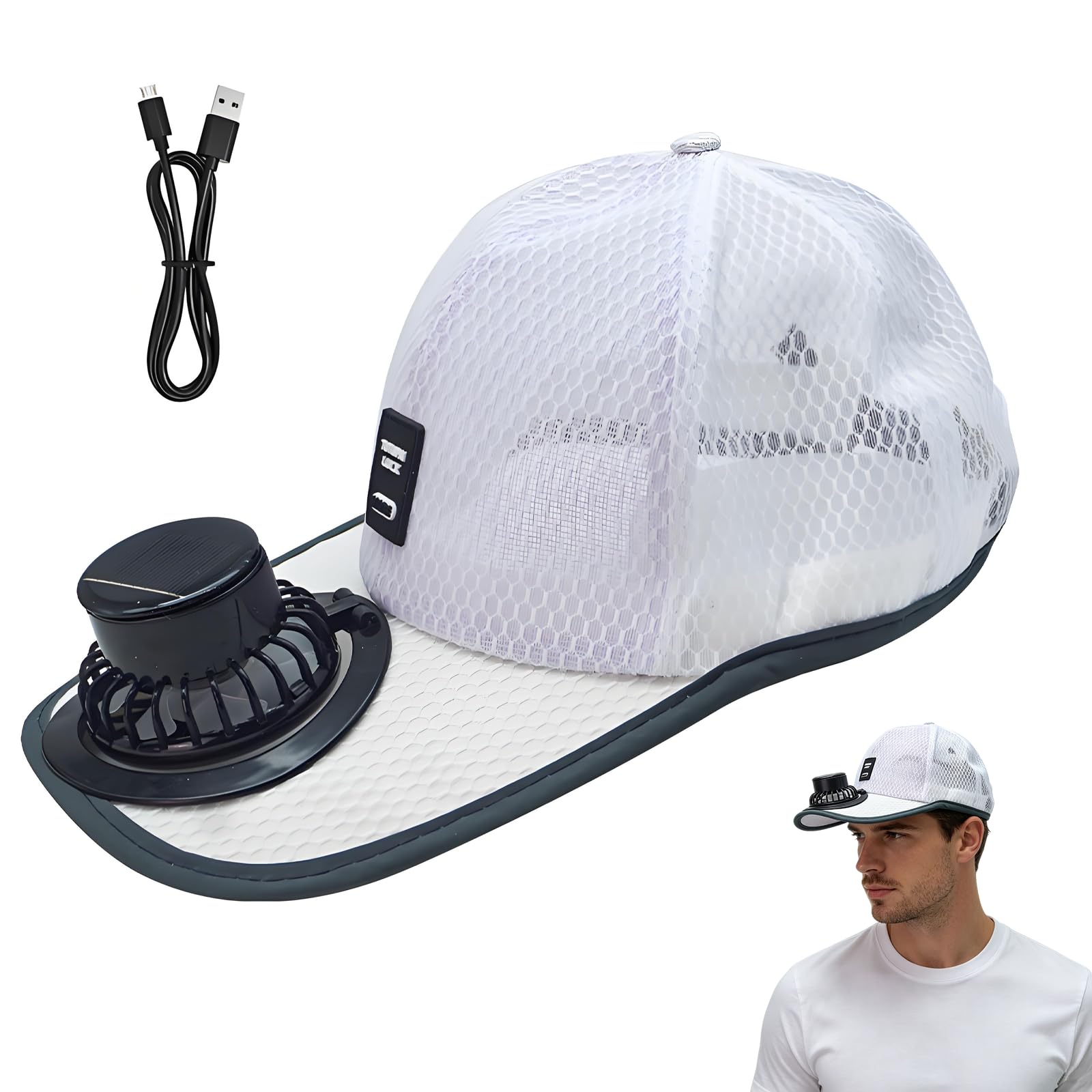 Peamoo Unisex White Adults Mesh Baseball Cap Fishing Beach Hats With Solar Fan, Solar Rechargeable Peak Cap, Usb Breathable Sport Fan Hat With Cooling Fan, Solar Powered/Usb Charging Sunhat (White)