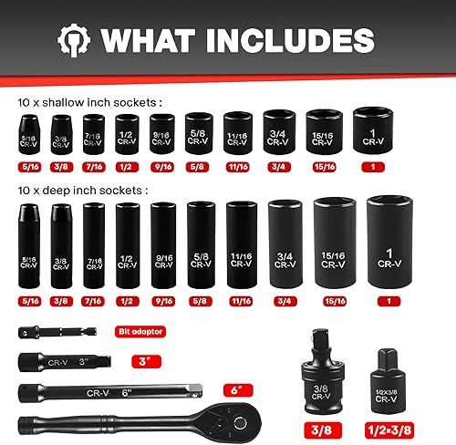 Miniatura 3 de EACELIY Juego de 64 llaves de vaso de 38 pulgadas, SAEmétrico, profundo y poco profundo, acero Cr-V, 6 puntos con adaptadores, mango de trinquete