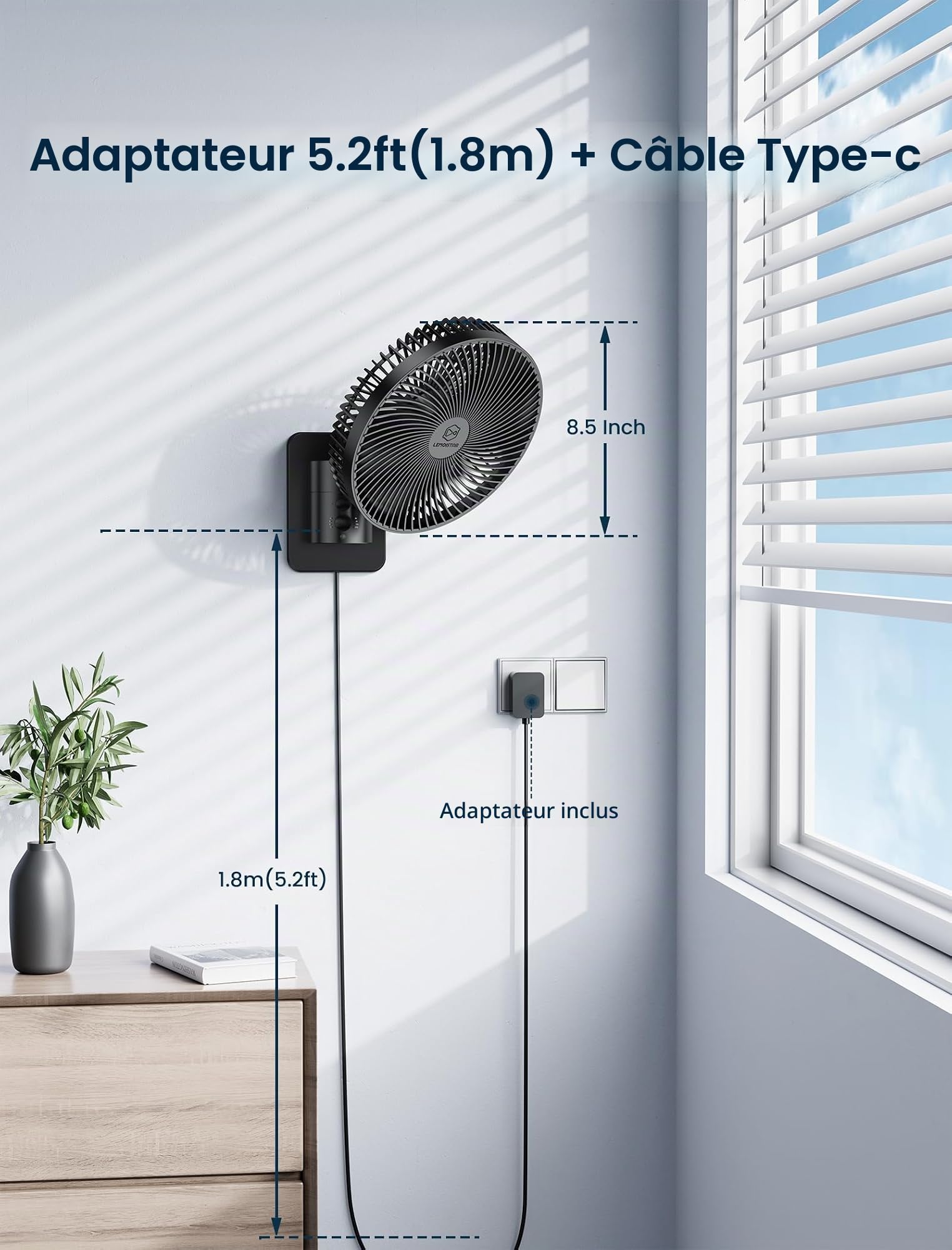 Ventilateur mural oscillant silencieux de 21,6 cm avec télécommande et minuterie, 4 vitesses réglables pour petites salles de bains, rafraîchissement des chambres intérieures pour camping-car