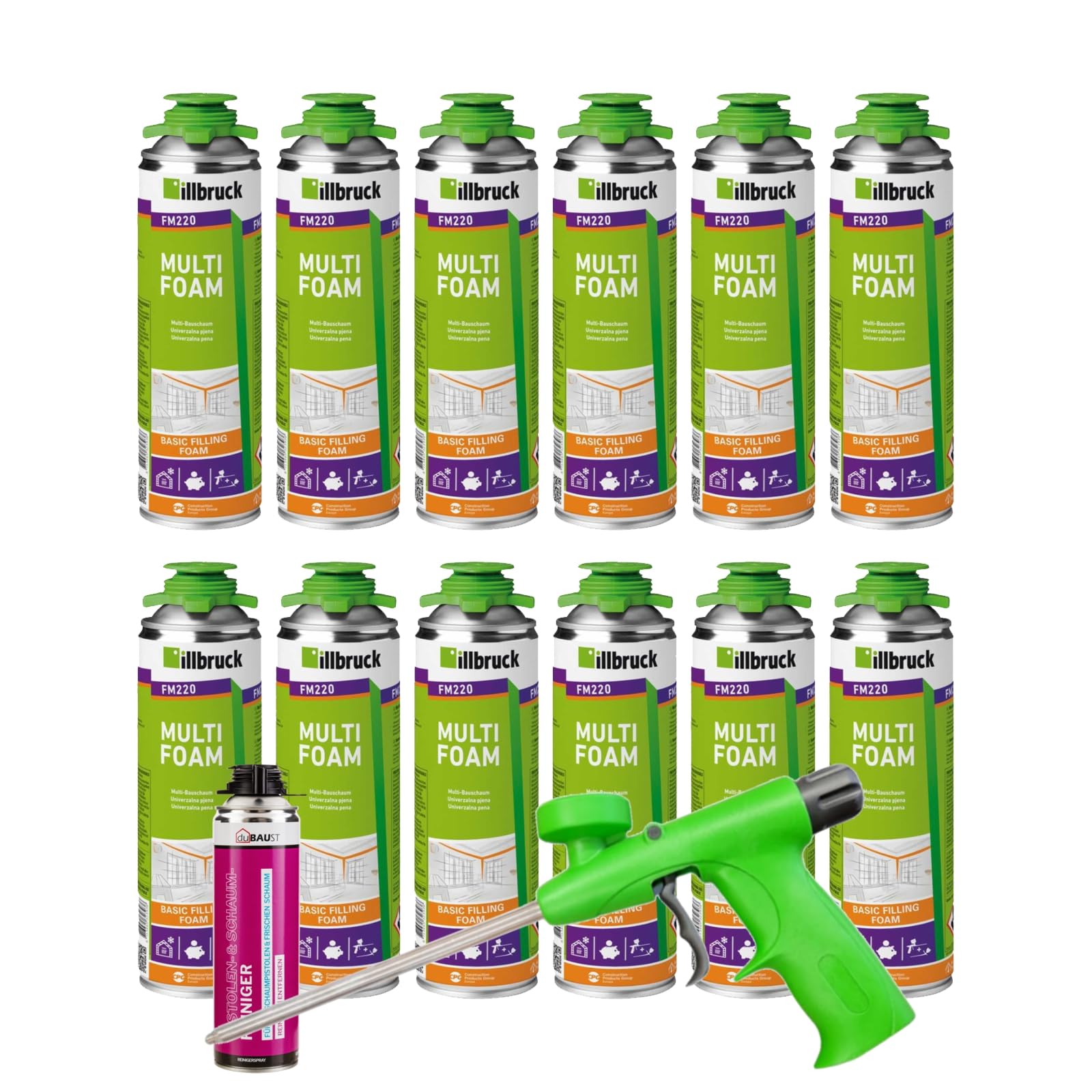 FM220 Bauschaum Montageschaum Pistolenschaum Multischaum Fensterschaum hohe Schalldämmung Wärmedämmung 500ml Kombisets (mit Reiniger AA290 + Schaumpistole Standard, 12x 500ml)