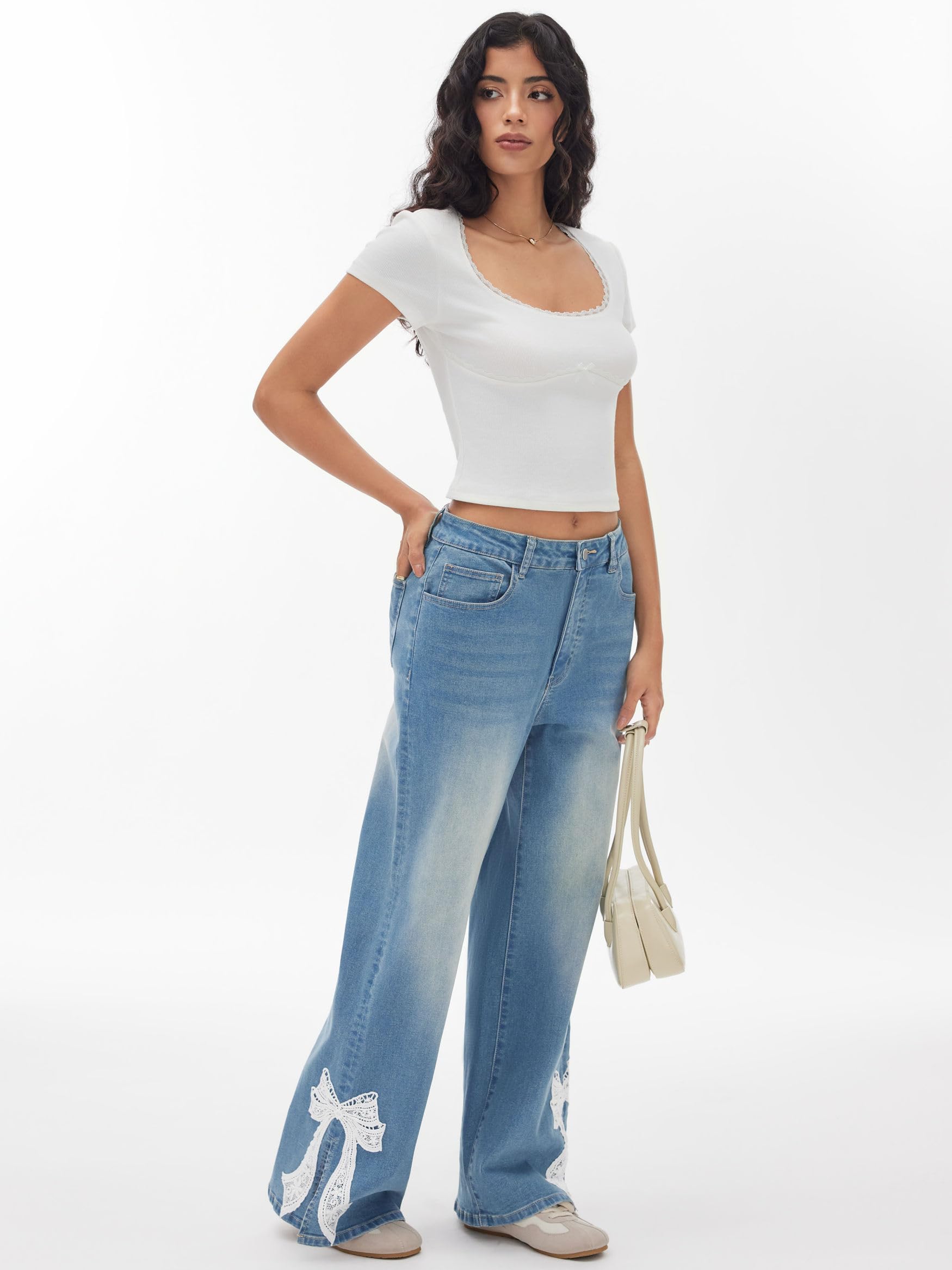 CIDER Baggy Jeans mit weitem Bein für Damen, mittlere Taille, Schleife, Denim-Hose