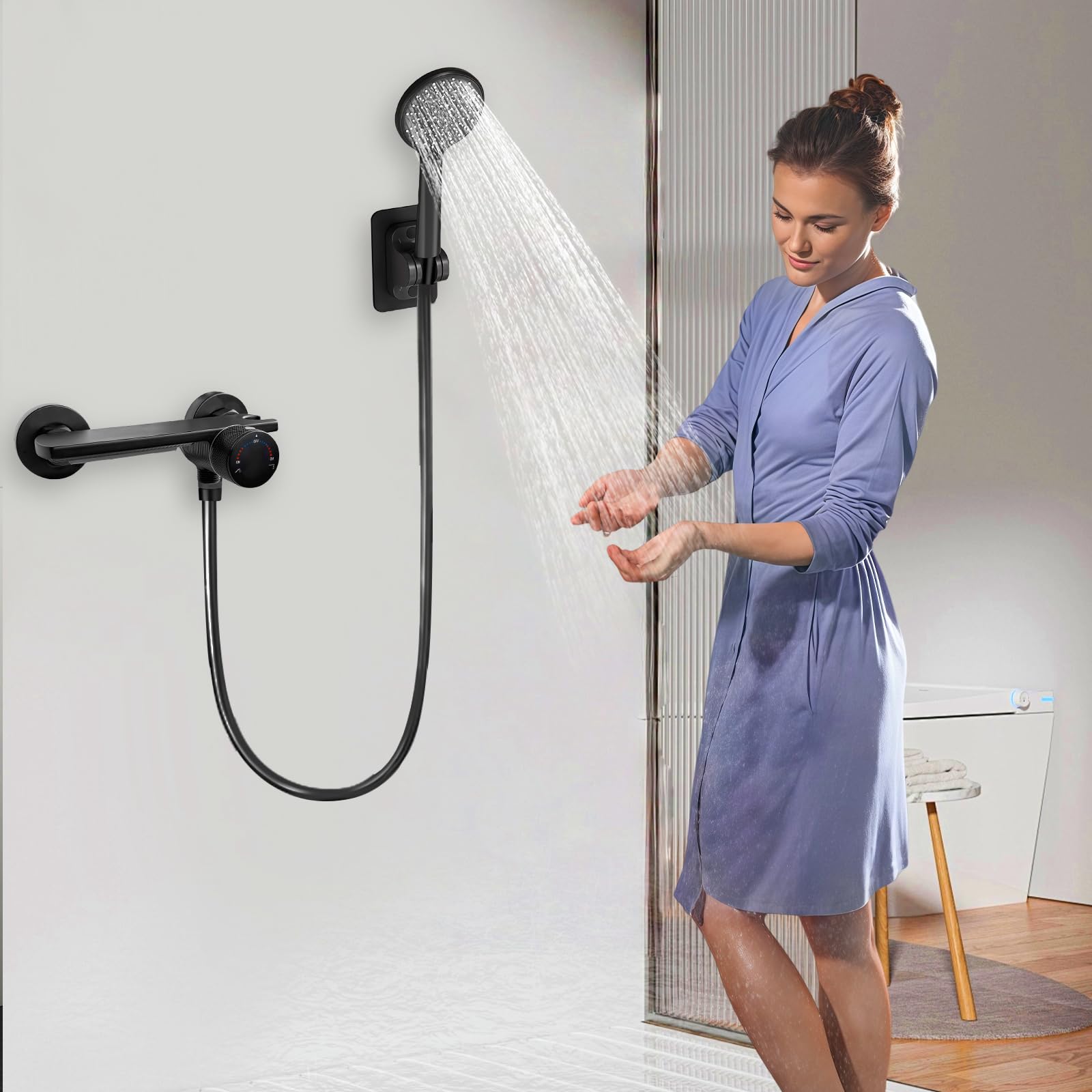 Mitigeur Baignoire, Robinet cascade avec Douchette, Robinet Baignoire avec Douchette 5 Jets, Robinet Salle Bain Baignoire Mural avec Flexible 1,5m, Robinet de baignoire (Noir)