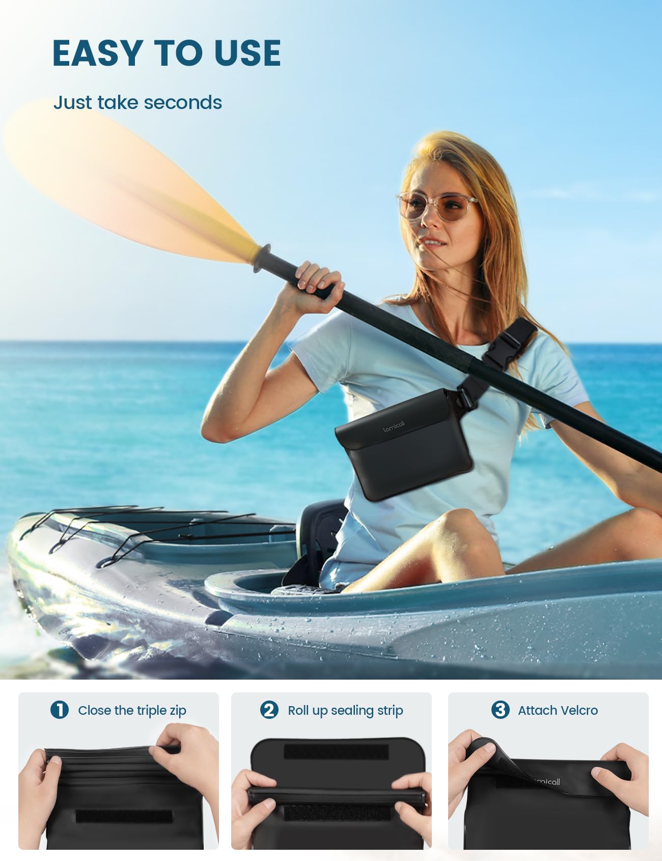 Lamicall Borsa Impermeabile IPX8 - [2 Pezzi] Marsupio Impermeabile con Cintura Elastica Regolabile, Sacca Impermeabile per Spiaggia, Nuoto, Pesca, Campeggio, Kayak, fino a 8,7"