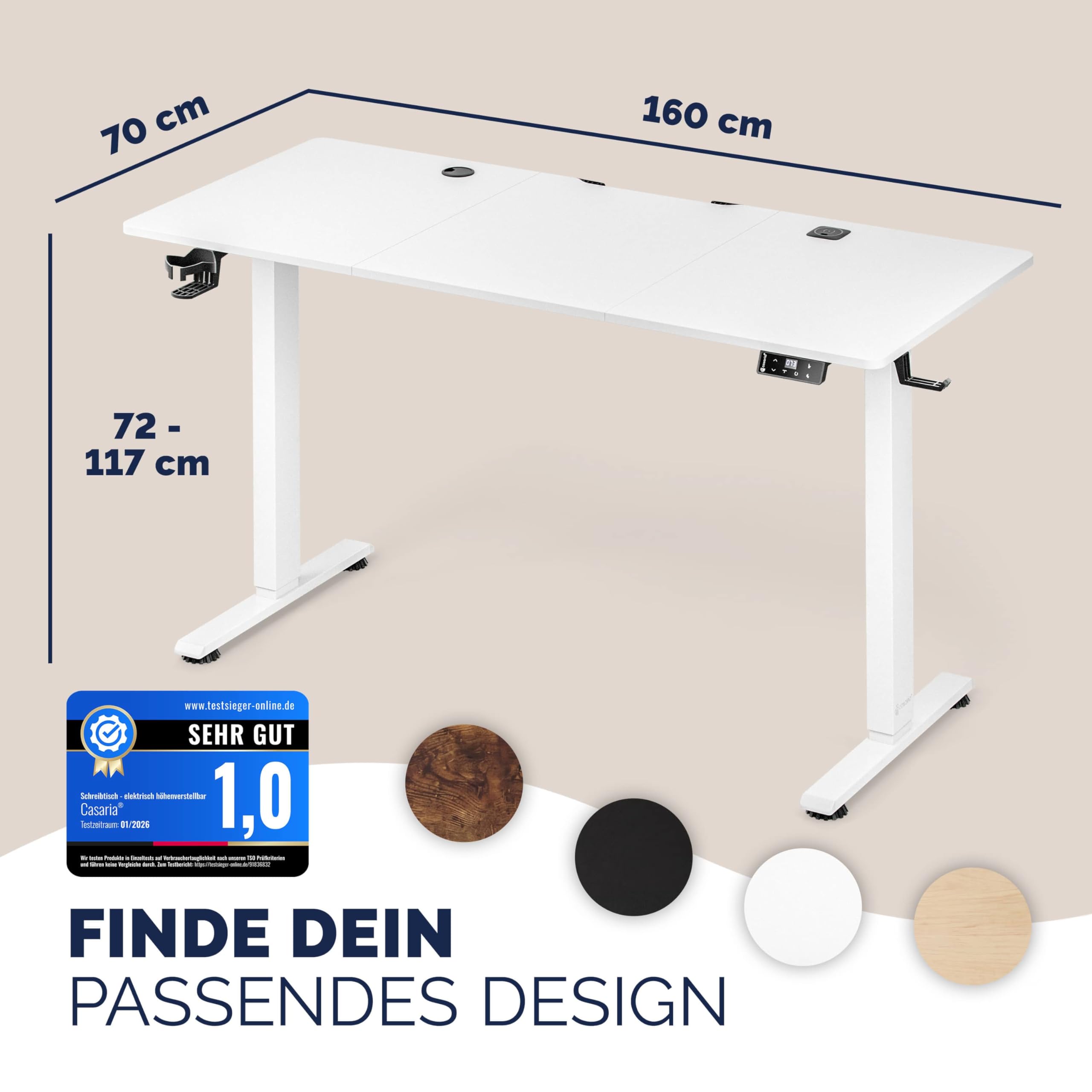 Casaria® Höhenverstellbarer Schreibtisch elektrisch 160 x 70 cm mit Wireless Charger & USB-C/A Anschluss LCD-Display Memory-Funktion 80 kg belastbar ergonomisch Weiß