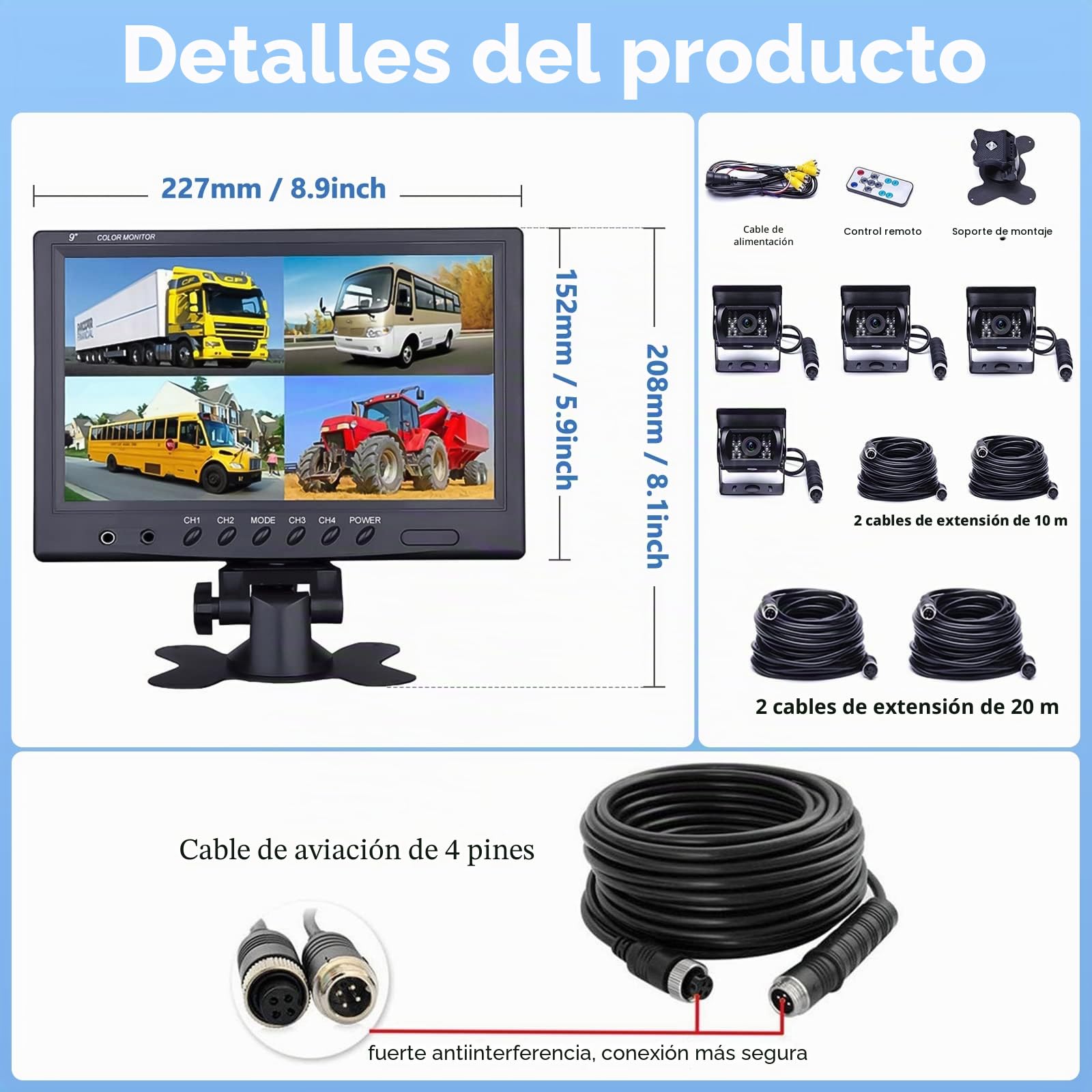 CAMECHO Camara Delantera/Trasera de Coche Kit, 9 Pulgadas 4 Divisiones, Camara Impermeable, 18 IR IP 68 Visión Nocturna con 2 x 33 pies y 2 x 65 pies para Camiones de Remolque