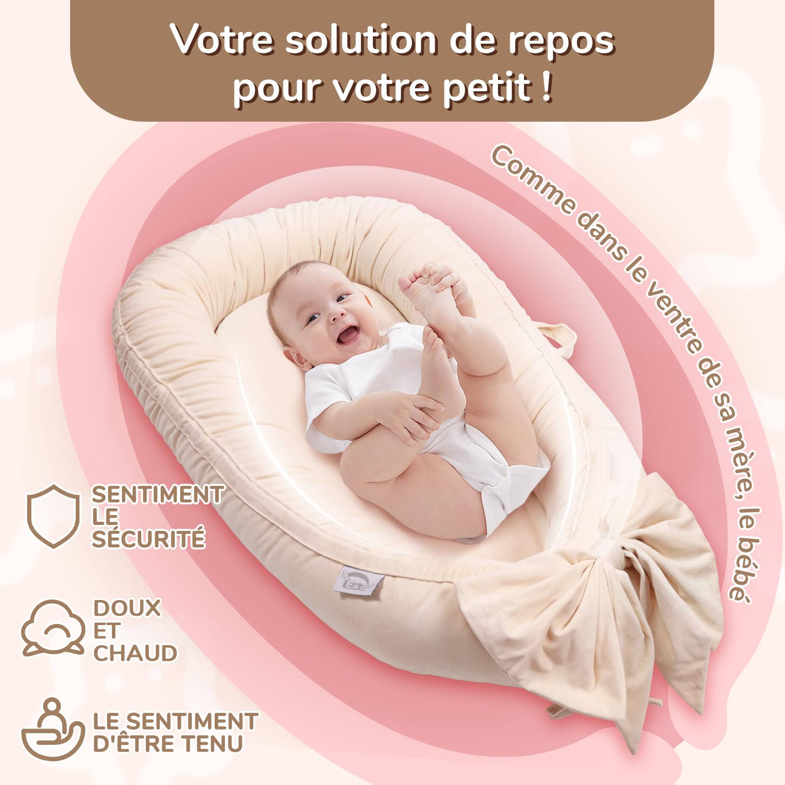 EAQ Couffin de Voyage Bébé 100% Coton Nid Cocoon Lit Nouveau-né, Amovible Lavable