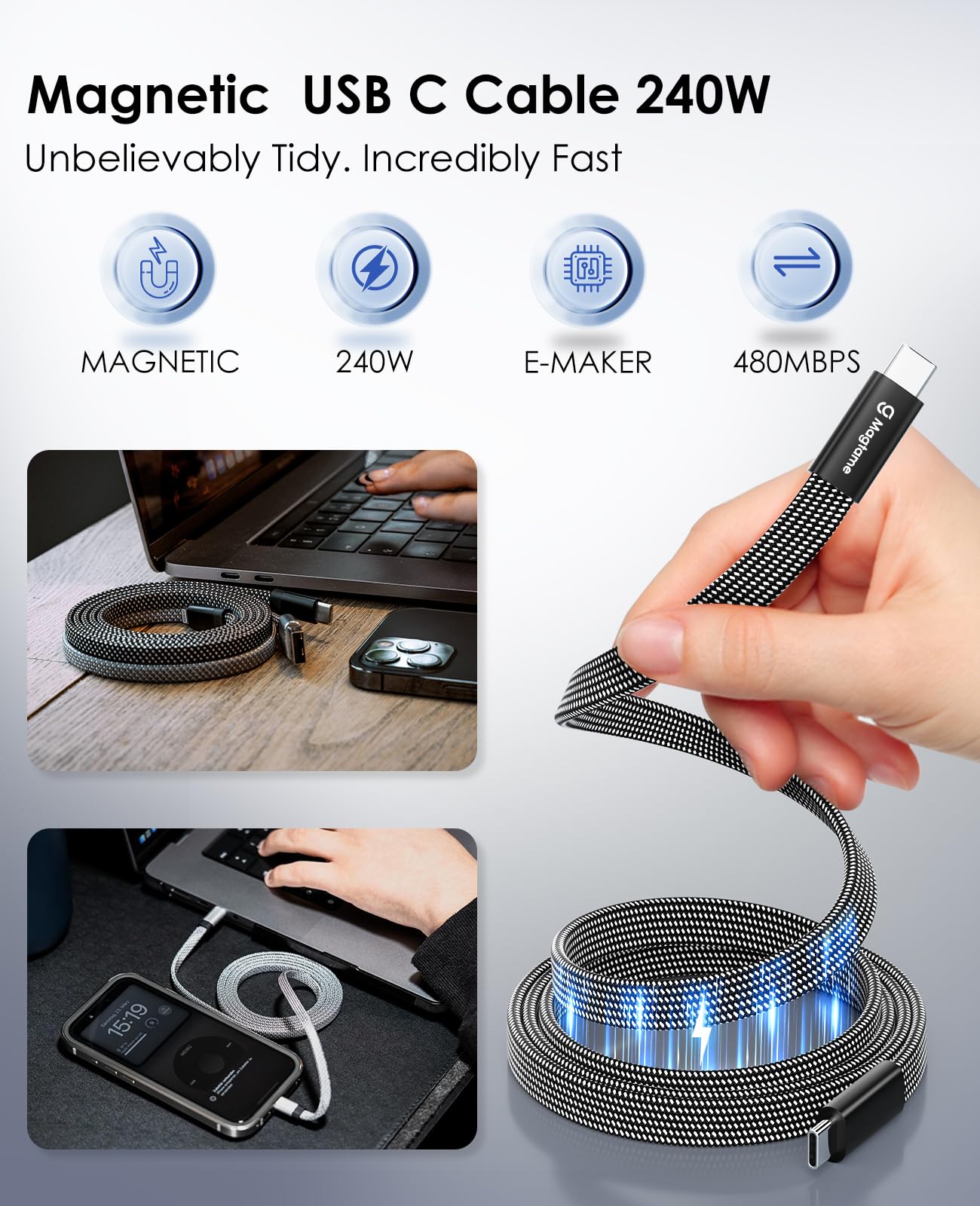 Magtame Cavo USB C, 240 W, magnetico da USB C a USB C, 1.5 m, in nylon intrecciato, tipo C per dispositivo Samsung S22 USB C