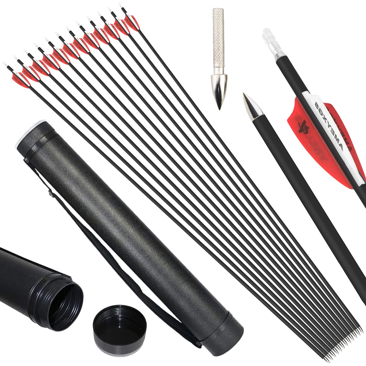 Surwolf 32" Archery Carbon Arrows ID 4.2mm, 1000 Spine, 12/24pcs (Red, Quiver) for Right Hand Recurve & Compound Bow