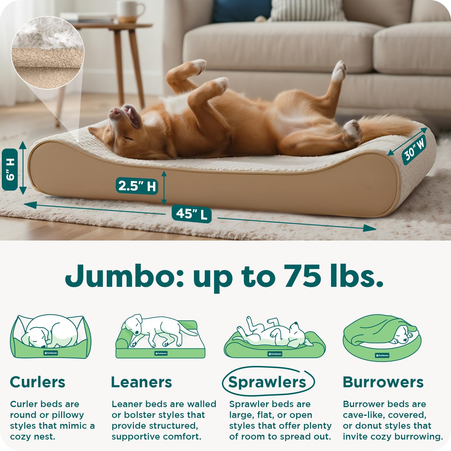 FurHaven Orthopedic Contour Bed Cama para Perro, Poliéster, Crema, 76 x 114 x 15 cm (L x W x H)