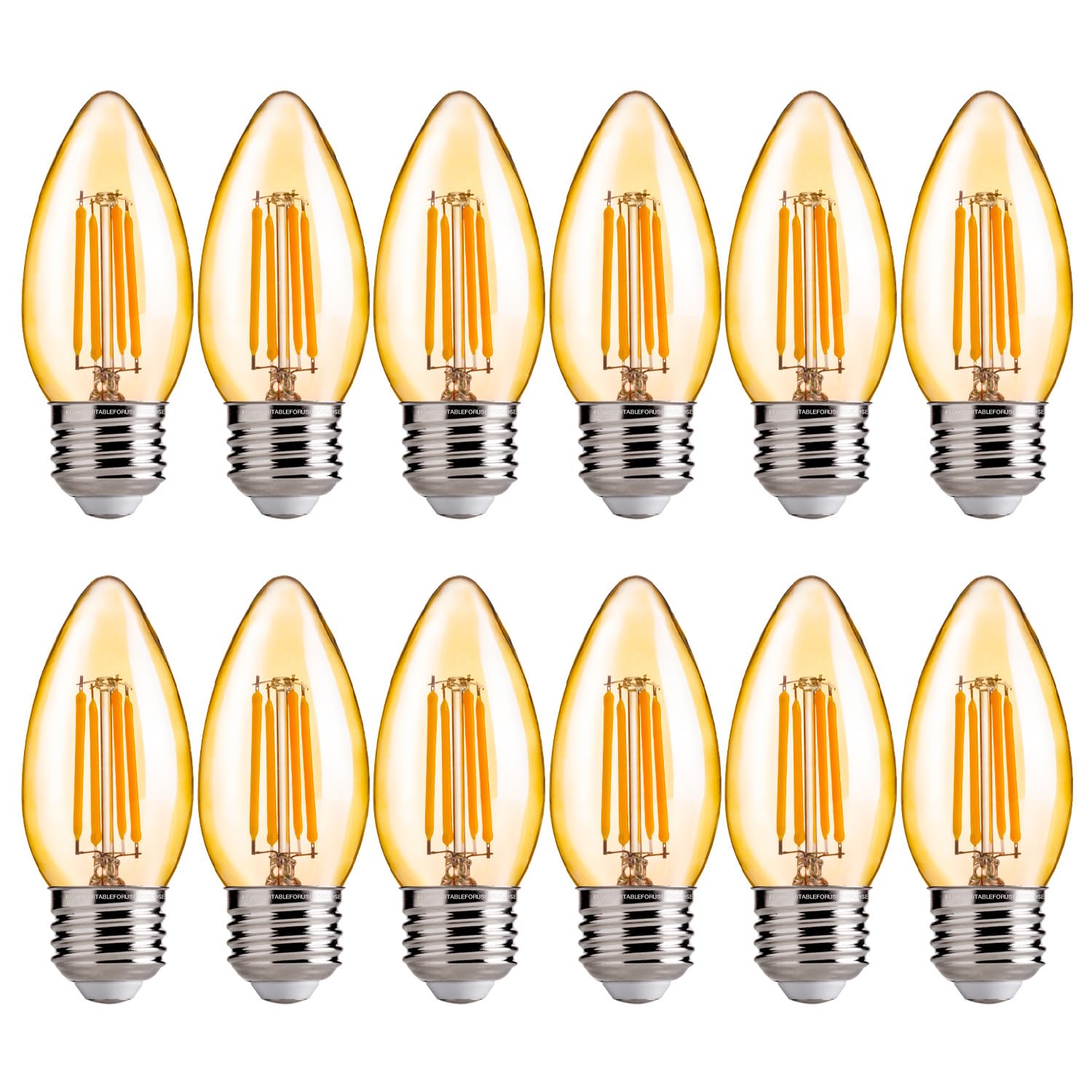 flsnt 40w equivalent led chandelier light bulbs, dimmable amber led b11 e26 candelabra base bulbs, 2200k warm white, 330lm, 12 pack ul,ca65 listed.