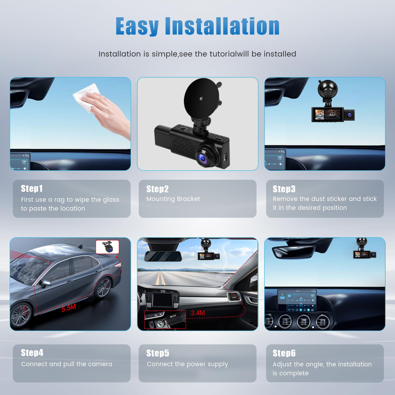Roinvou Dashcam 3 Canales 2.5K+2.5K+1080P con Cámaras Delantera, Interior y Trasera, Pantalla 3.16", GPS, Sensor de Impacto G-Sensor, Grabación en Bucle, Control por App (Viidure), 64GB TF