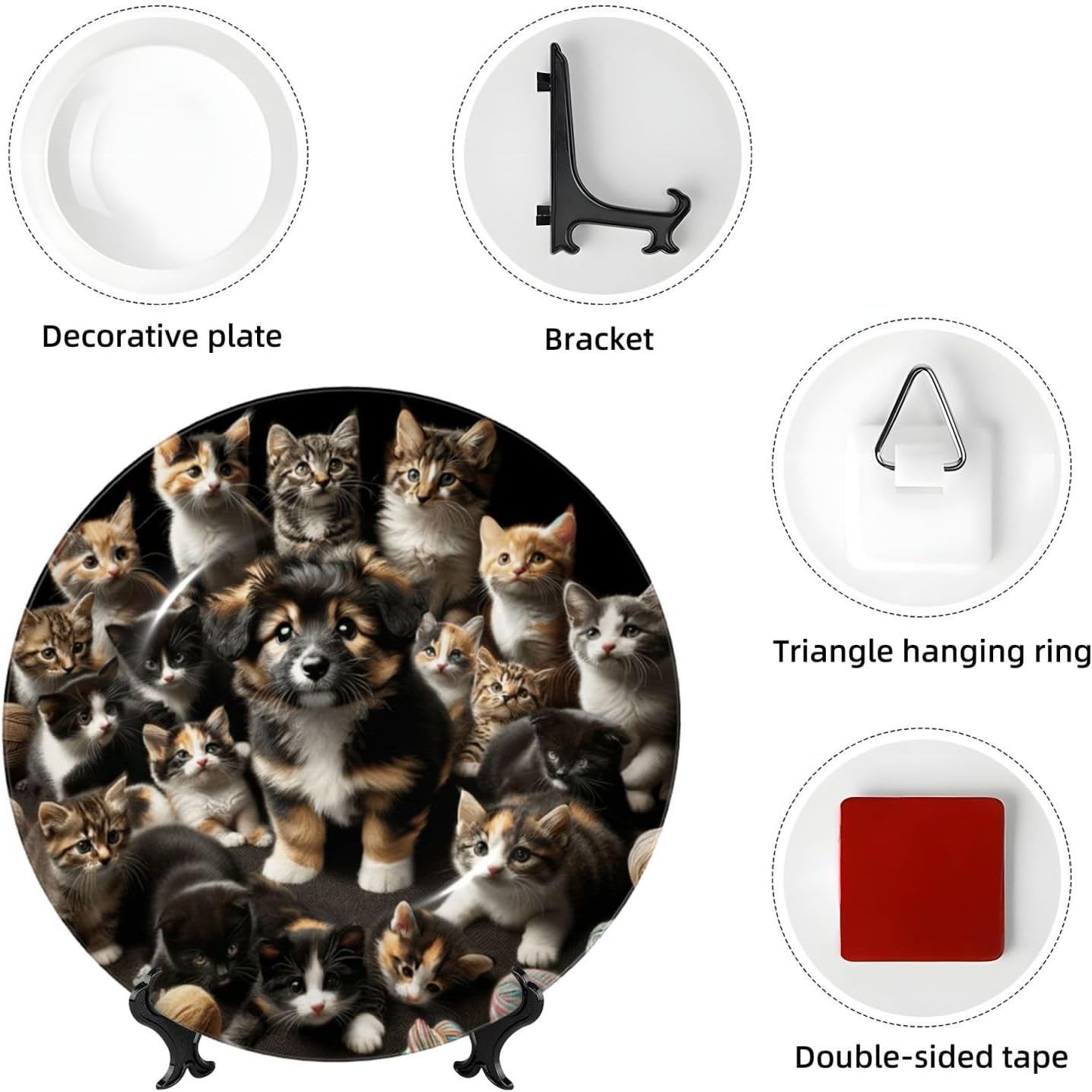 Small-Cat-Dog-Knitting-Ball 10 Inch Decorative Plate With Stand, Elegant Display Wall Plate For Home Decor