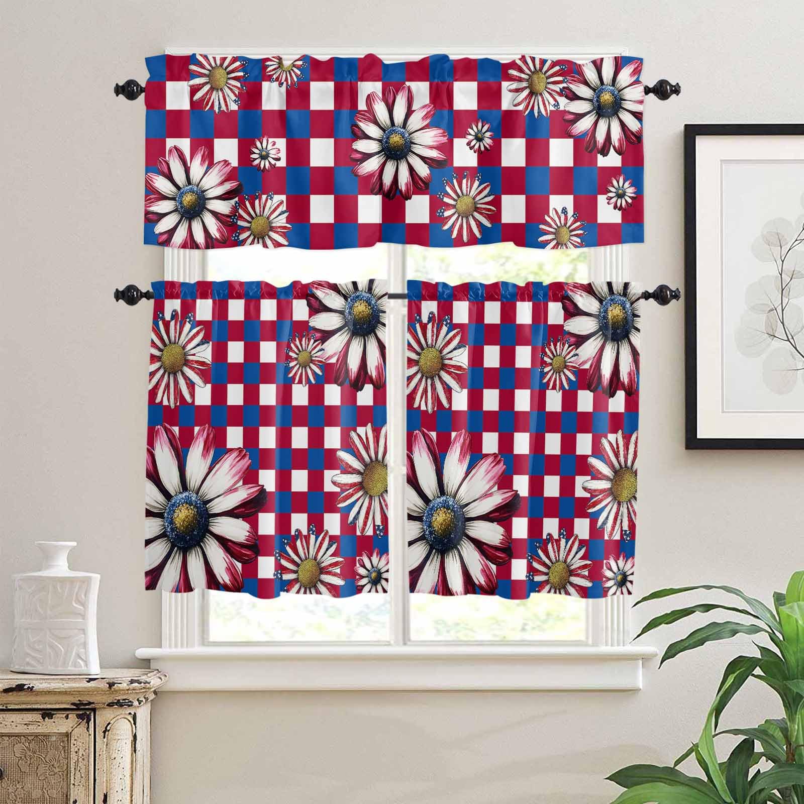 4th of July Kitchen Curtains 36 Inch Length,3 Piece Rod Pocket Small Half Tiers and Valance Set,Red Blue Plaid Spring Floral Independence Day Small Large Window Treatment Decor for Bedroom/Bathroom