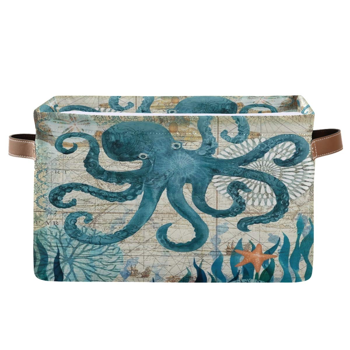 Weilife Vintage Nautical Octopus Map Storage Basket Bins, Ocean Sea Starfish Seaweed Collapsible Storage Cube Fabric Rectangle Storage Box with Handles for Shelf Closet Nursery Home Office 1 Pack