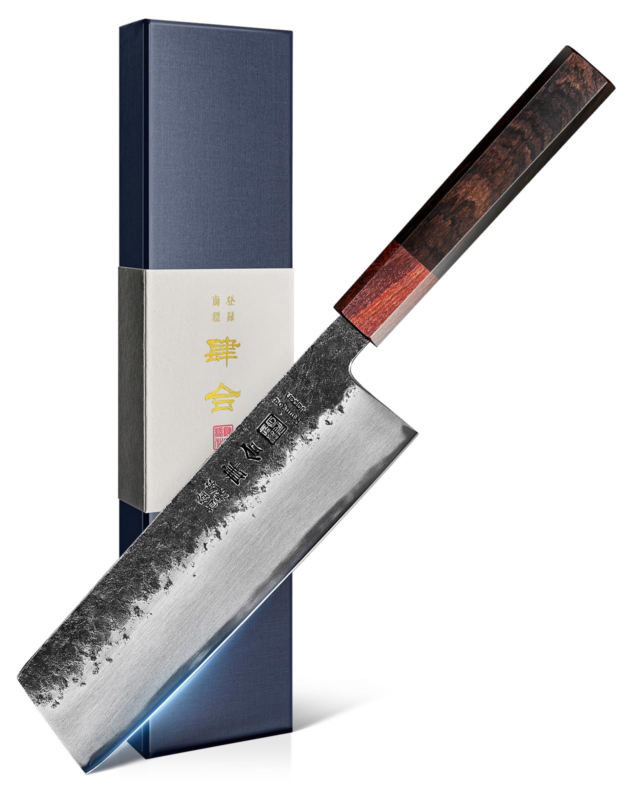 kanngou 21cm Coltello Giapponese Nakiri, Coltello Giapponese Professionale Forgiato a Mano con Acciaio Legato AUS-8, Coltelli da Cucina con Manico Ebony e Scatola Regalo Premium