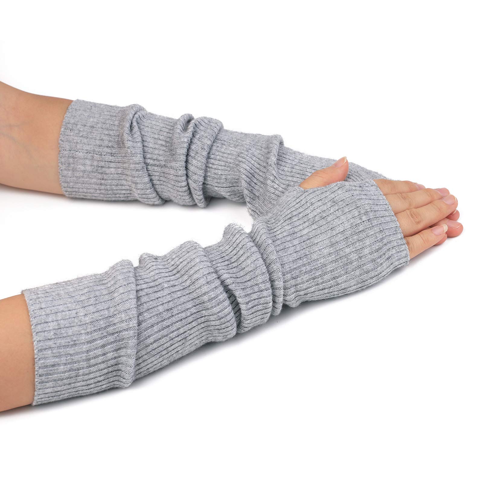 F Flammi Cashmere Blended Arm Warmer Winter Fingerless Gloves Knit Mitten Gloves Wrist Warmer with Thumb Hole for Women, Light Grey (42cm), Medium