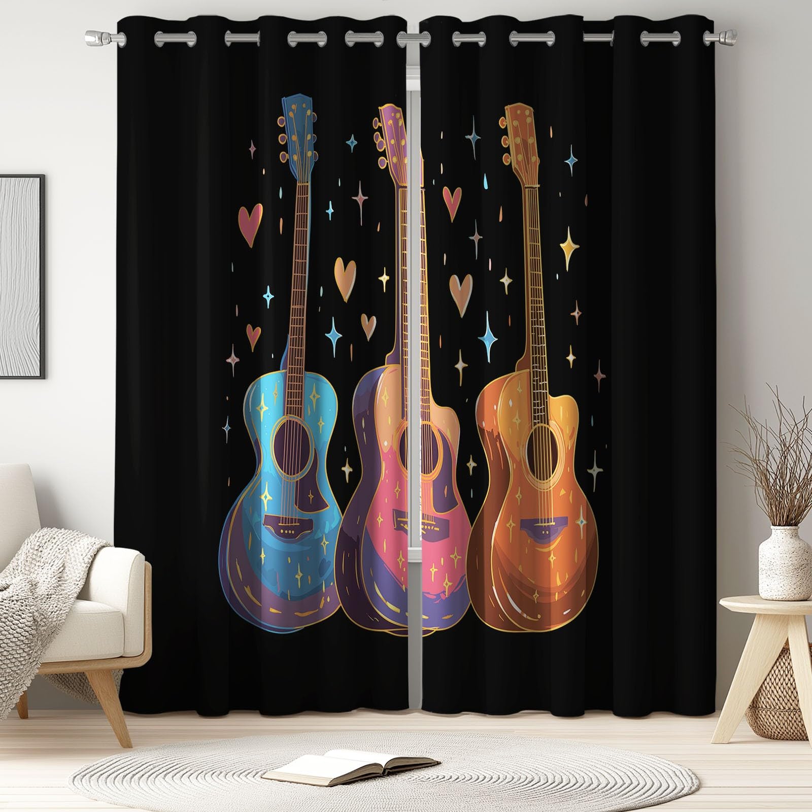 Generisch Pop Art - Cortinas opacas con ojales para guitarra, notas musicales, estrellas, térmicas, para habitación infantil, dormitorio, salón, juego de 2 unidades, 245 x 140 cm (alto x ancho)