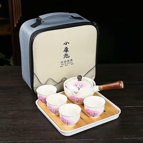 Miniatura 14 de Juego de té de viaje portátil de cerámica, juego de té chino de kungfu con tetera de rotación 360 e infusor, 4 tazas de té, bandeja de té y bolsa