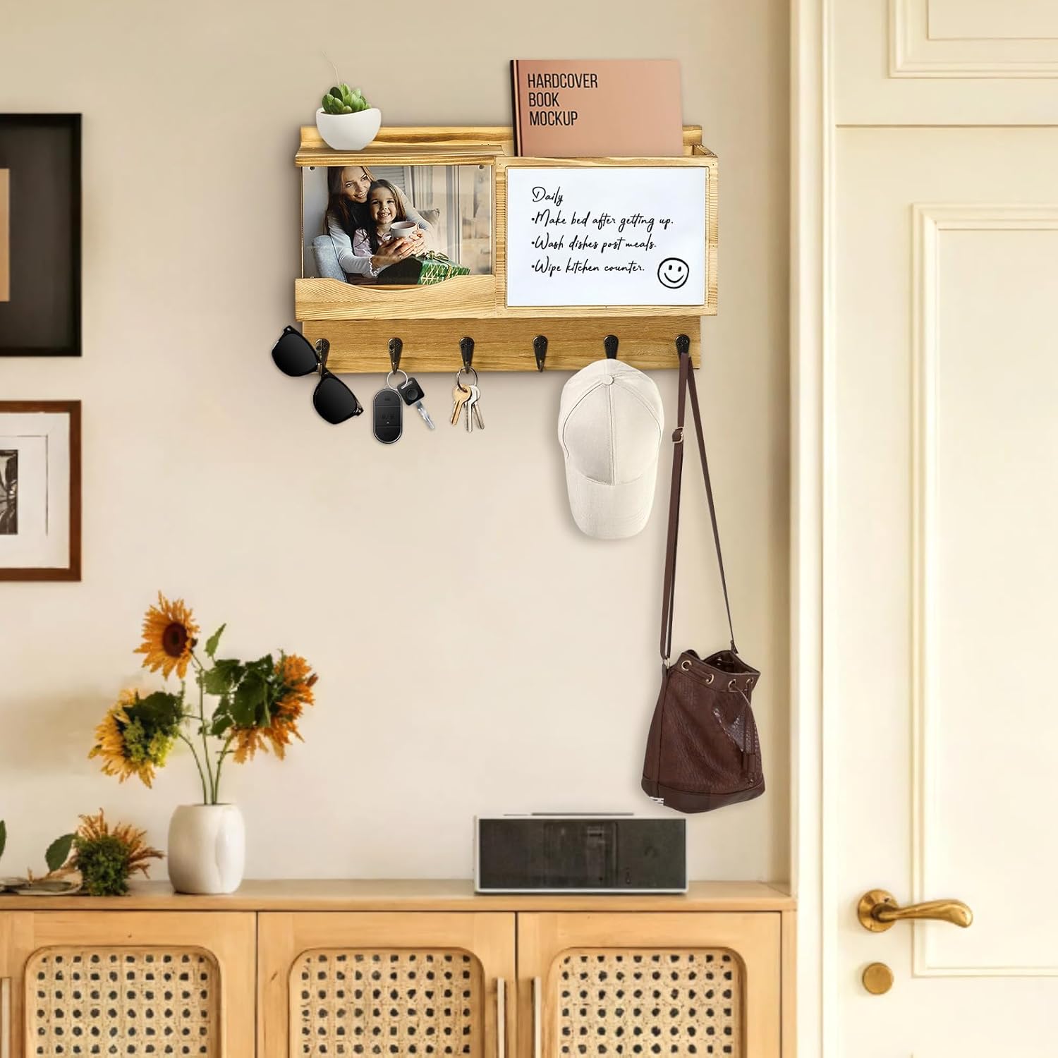 Entryway Mail Key Organizer with Built-in Magnetic Acrylic Photo Frame and Included Whiteboard, Wall-Mounted Leash Rack, 6 Hooks, 15 x 9.5 Inches, Solid Wood, Natural Brown