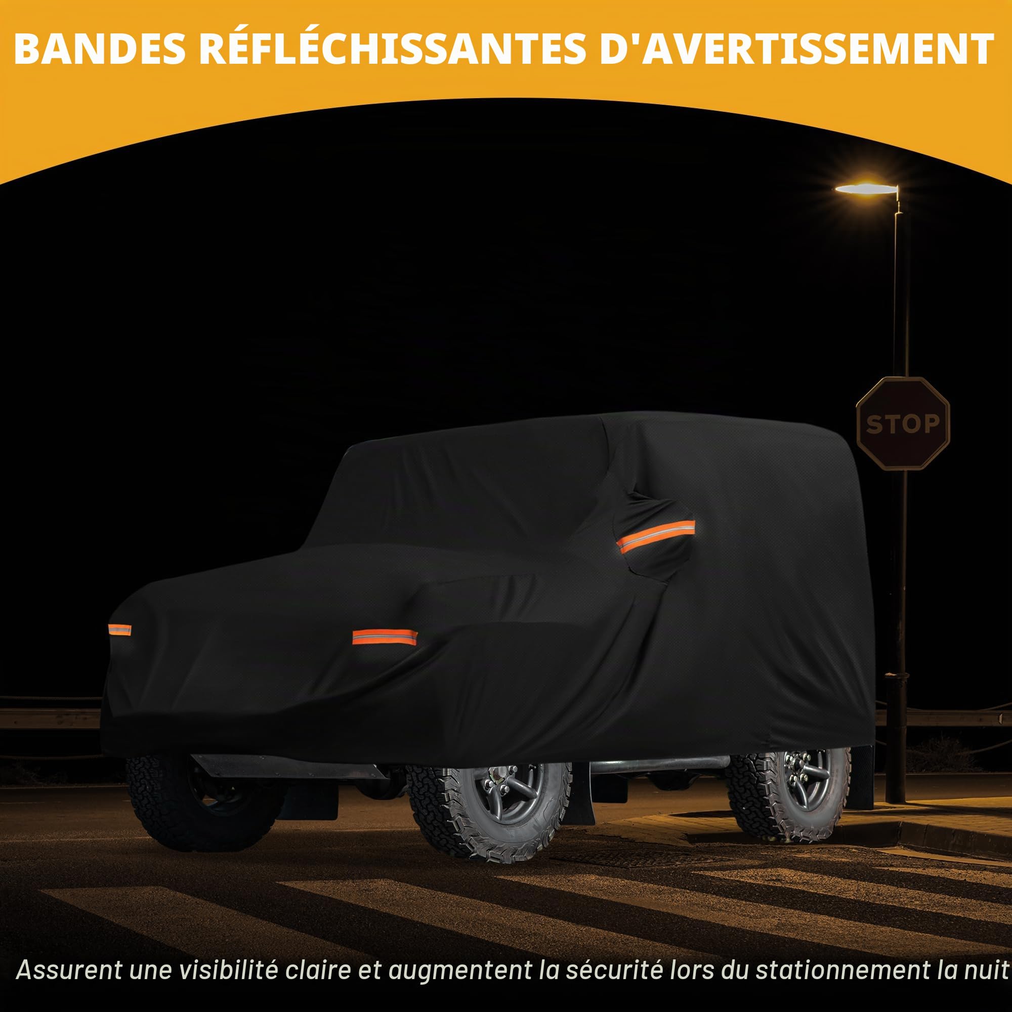 Housse Imperméable Anti-UV pour Land Rover Defender 90 20-24 1pc | Noir, 210D-PU, 468x143x195cm, Extérieur Toutes Saisons, Anti-UV, Protection Soleil Pluie, Sangles Réfléchissantes, 1 Pièce