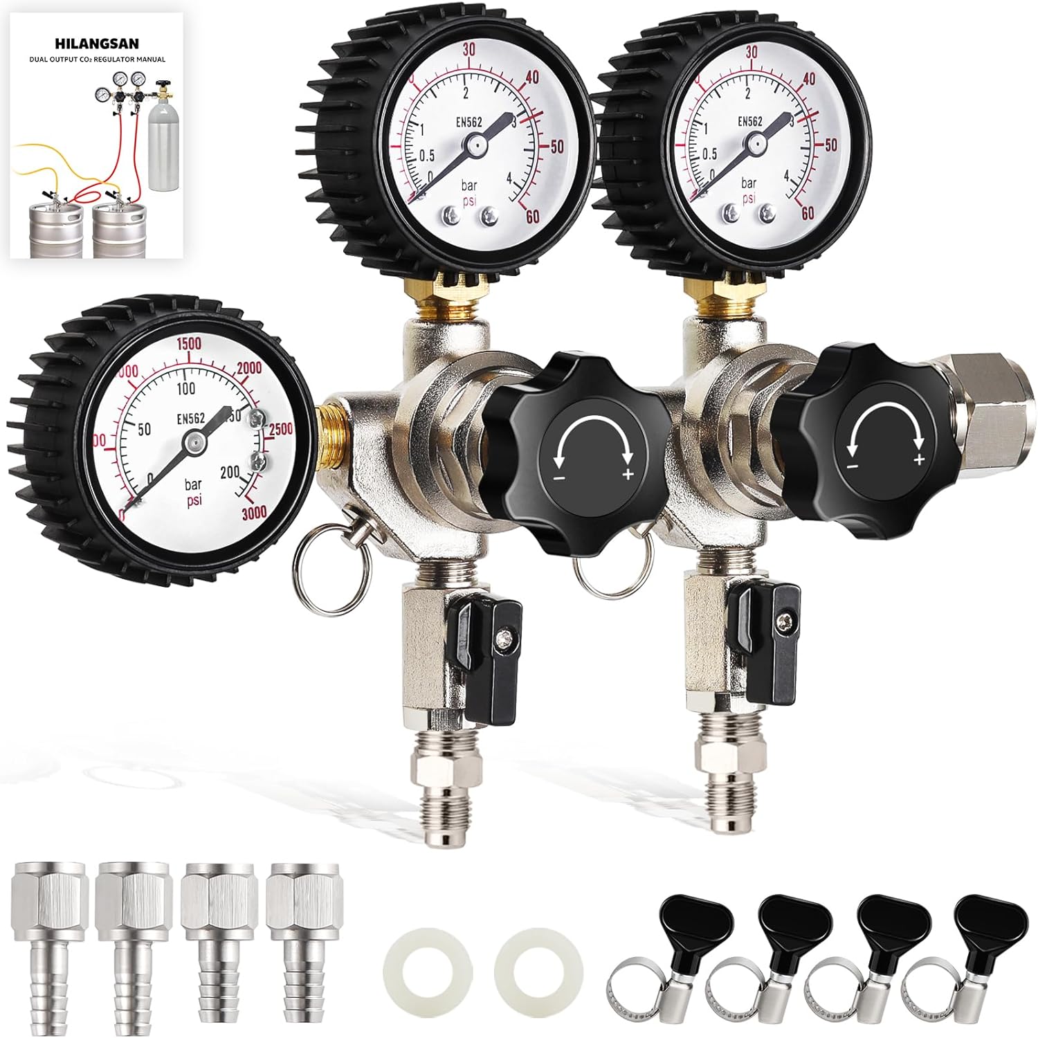 Dual CO2 Regulator for Kegerator CO2 Tank Regulator, CGA-320 CO2 Pressure Regulator with Threaded End Fittings, Two Output Gauges with Swivel Nut 1/4”& 5/16”Barb for Homebrew