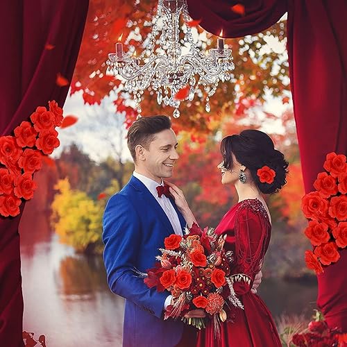 Miniatura 4 de Paquete de 50 flores rojas artificiales, rosas de tela de seda sin tallo de 3 pulgadas para decoración de pared, recepciones de boda, ramos de