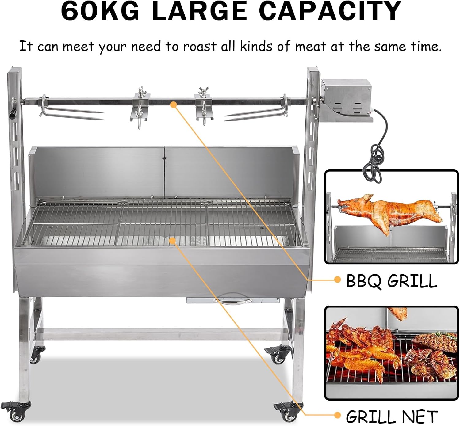 25W Stainless steel pig roaster rotisserie grill, 34.6-inch rated 132-pound barbecue grill suitable for outdoor camping kitchens