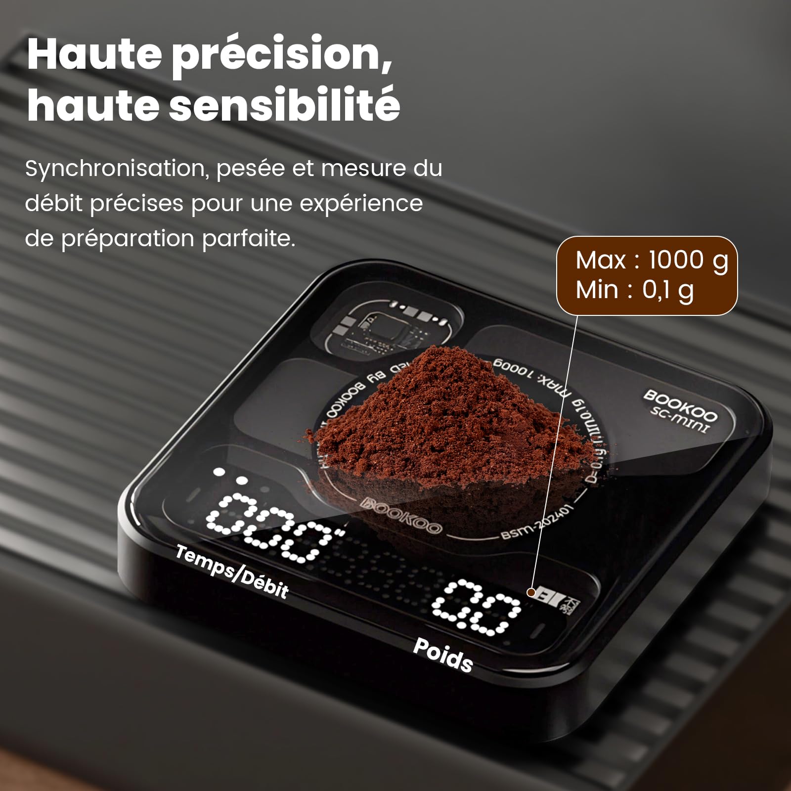 BOOKOO Balance Café avec Minuterie, 0,1 g & 0,1 g/s Haute Précision, USB Rechargeable, 3 Modes, App de connexion Bluetooth, Mini Balance de Précision pour Espresso, Café Filtre, Slow Coffee