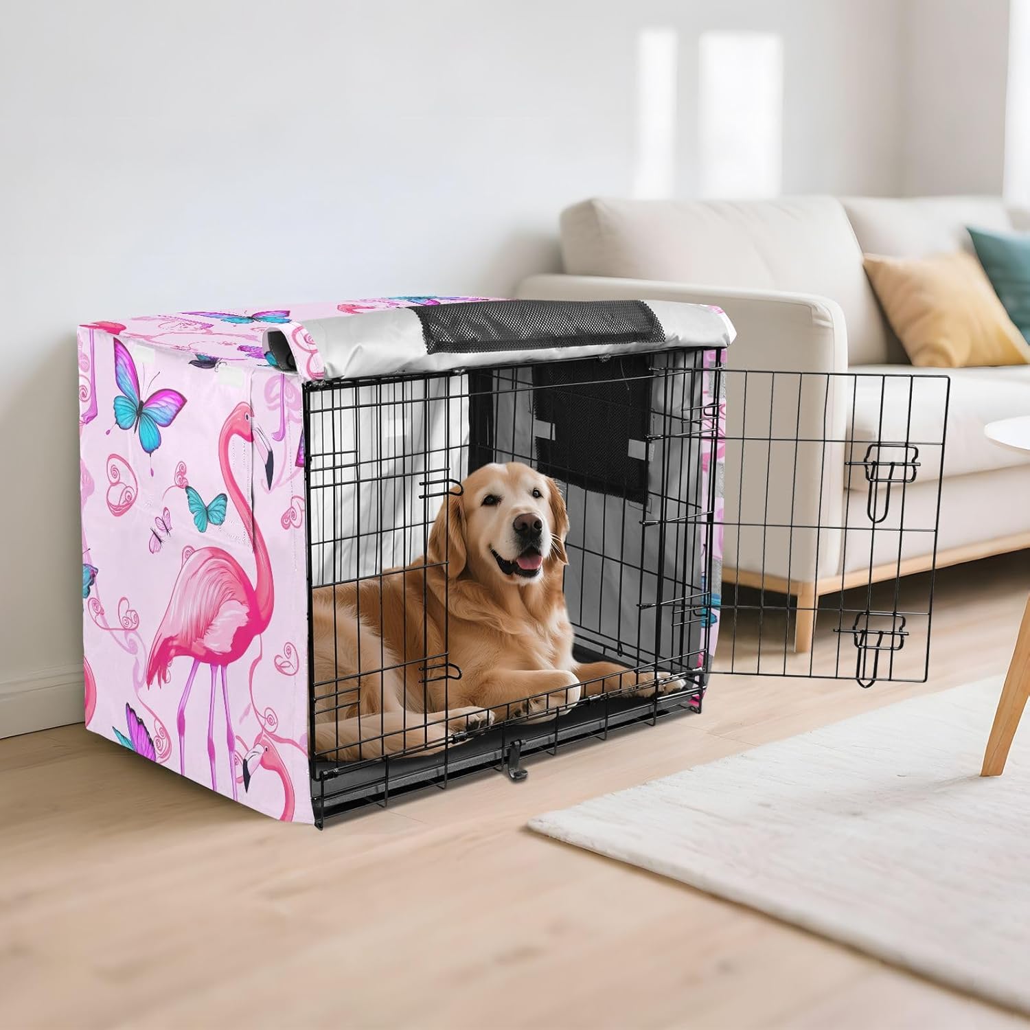 Elegant Pink Flamingos Pet Crate Cover with Roll-up Sides, Water-Resistant Dog Kennel Cover Indoor, X-Large