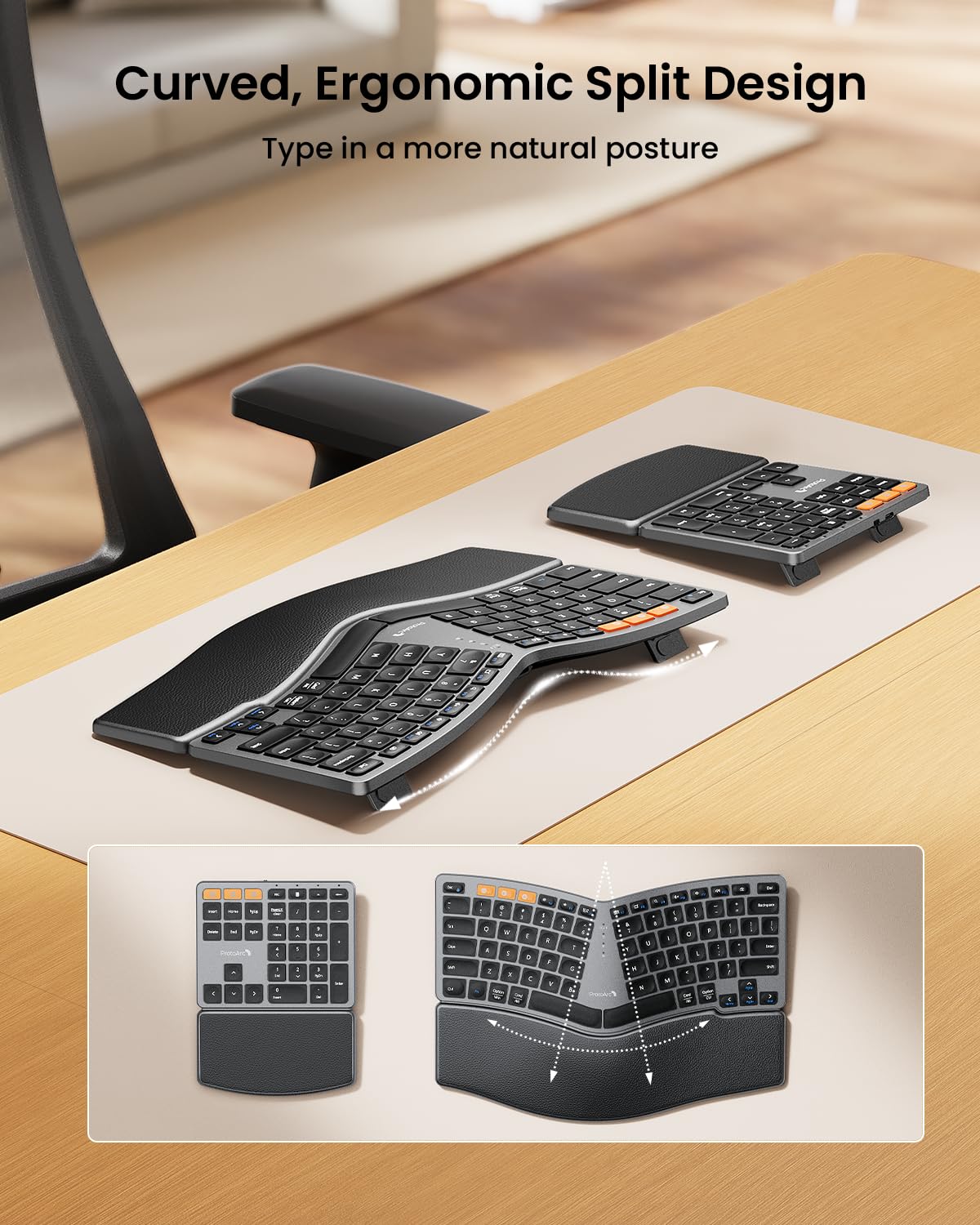 ProtoArc Clavier ergonomique sans fil avec pavé numérique séparé - Gris sidéral